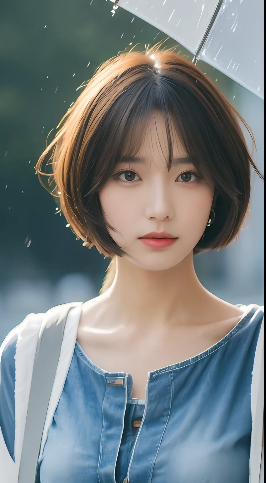 ((Best Quality, 8k, Masterpiece: 1.3)), Focus: 1.2, Perfect Body Beauty: 1.4, Slim Abs: 1.2, ((Layered Haircut, Big Breasts: 1.2)), (Wet Clothes: 1.1) , (Rain, Street:1.3), Wet Body: 1.1, Highly detailed face and skin texture, Detailed eyes, Double eyelids, Double clothes, Short clothes