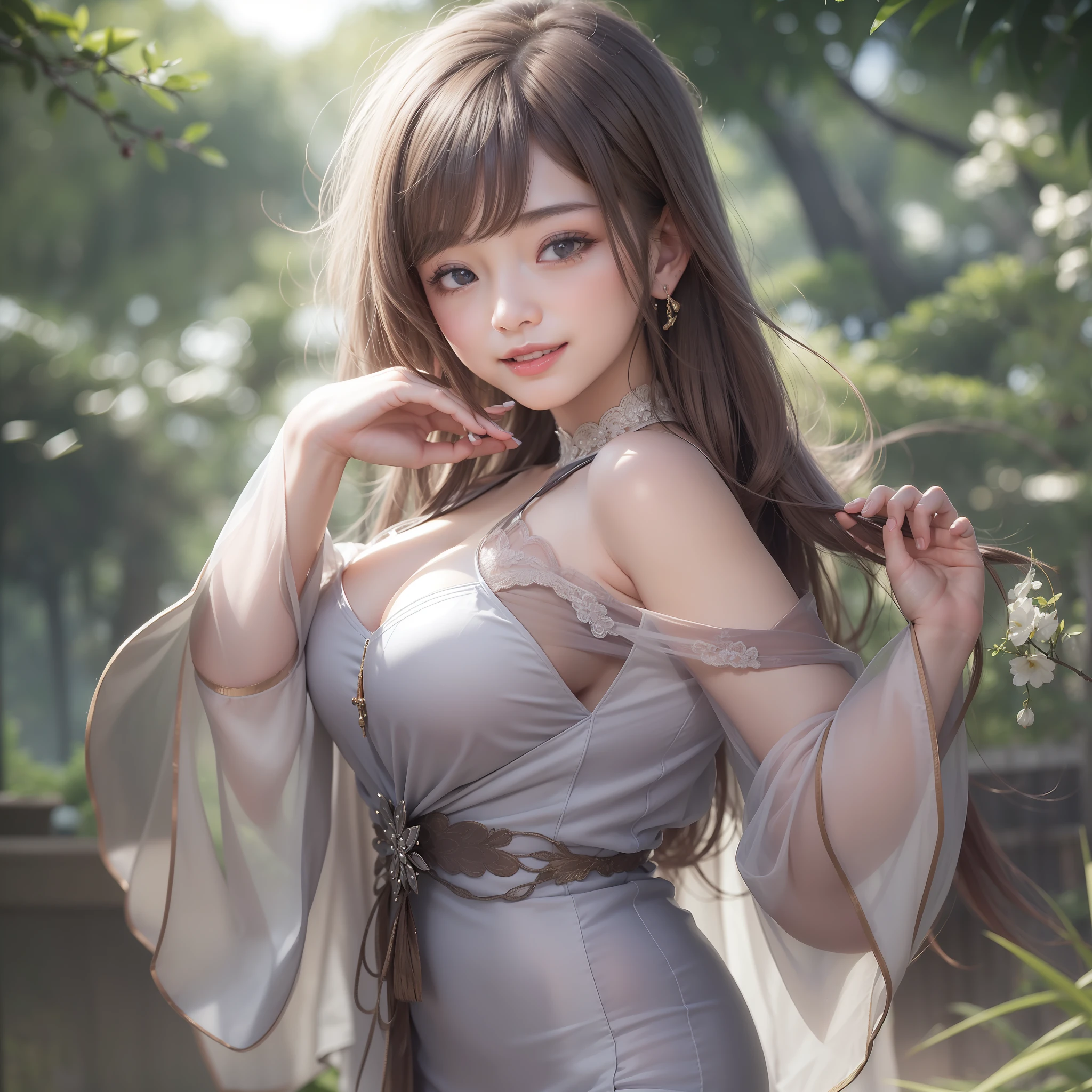(8K、top-quality、masterpiece:1.2)、(realisitic、Photorealsitic:1.37)、ultra-detailliert、 1 人、One Woman,Ao Dai,Sheer,crouching down,sexy pose,put hands behind head,tits out,Large breasts,,Whole body,gleaming skin,Smiling,embarrassed,upward-eyed,Seductive smile,naughty expression,excited,Flushed cheeks,from the front side,Focusing,forest,shrines,masutepiece, extremely fine and beautiful,Photorealistic