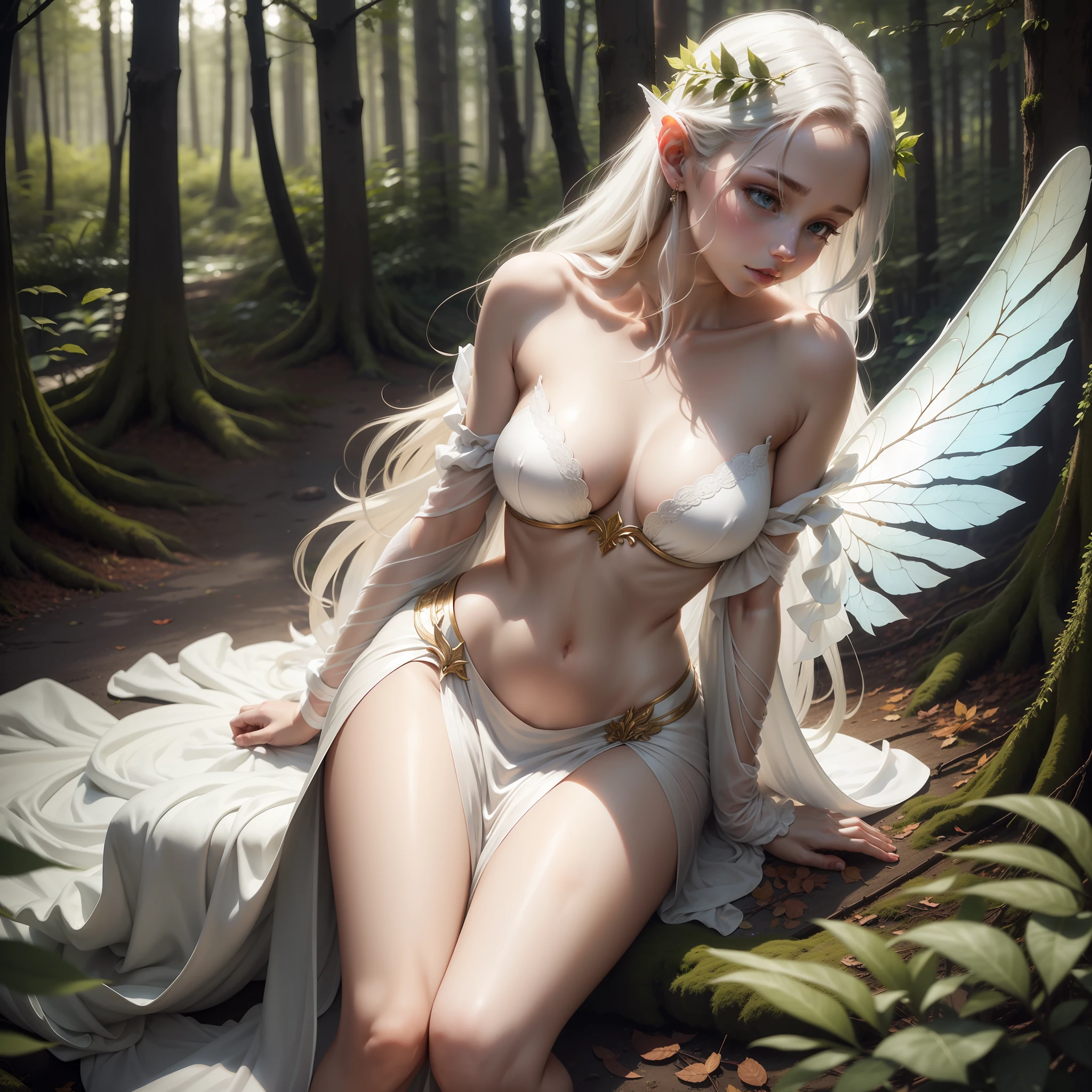 being thin、Photo of gorgeous 20-year-old Finnish fairy wearing (White flowing dress:1.2) And (Delicate fairy wings:1.2), , (Sateen:1.1), on forest path:,, masutepiece, Barefoot, (Natural lighting:0.8), 8K, ((Realistic)), , the woods、covering the navel、hiding breast、Hide legs、(Curvaceous)femele(flawless skin:1.11)、The upper part of the body
