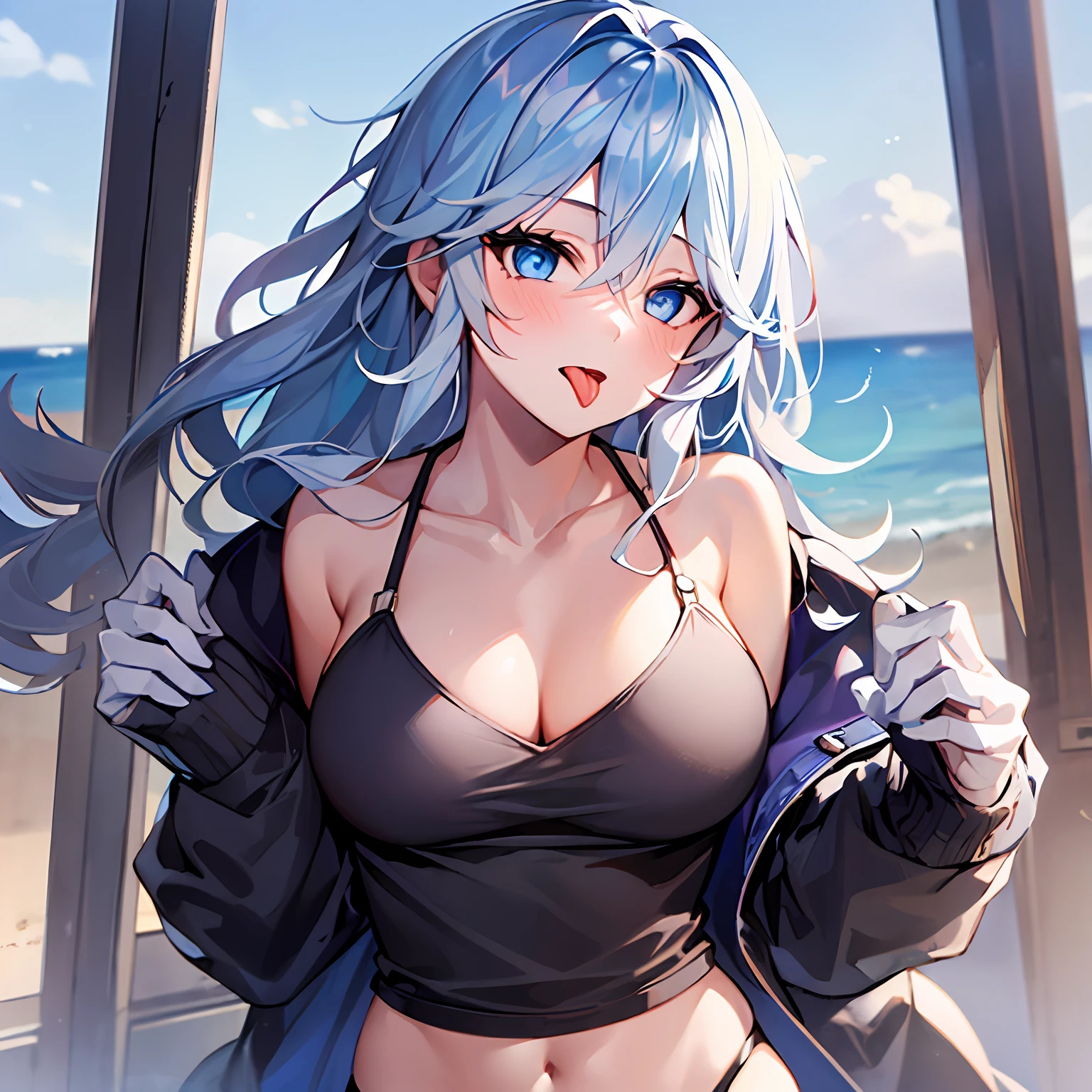 (((1girl))), hands up, long hair, tank-top, jacket, open shoulder, cowboy shot, bikini, medium breast, white background, open mouth, stick out her tongue out at viewers, blue sea eyes, flushed, Focalors