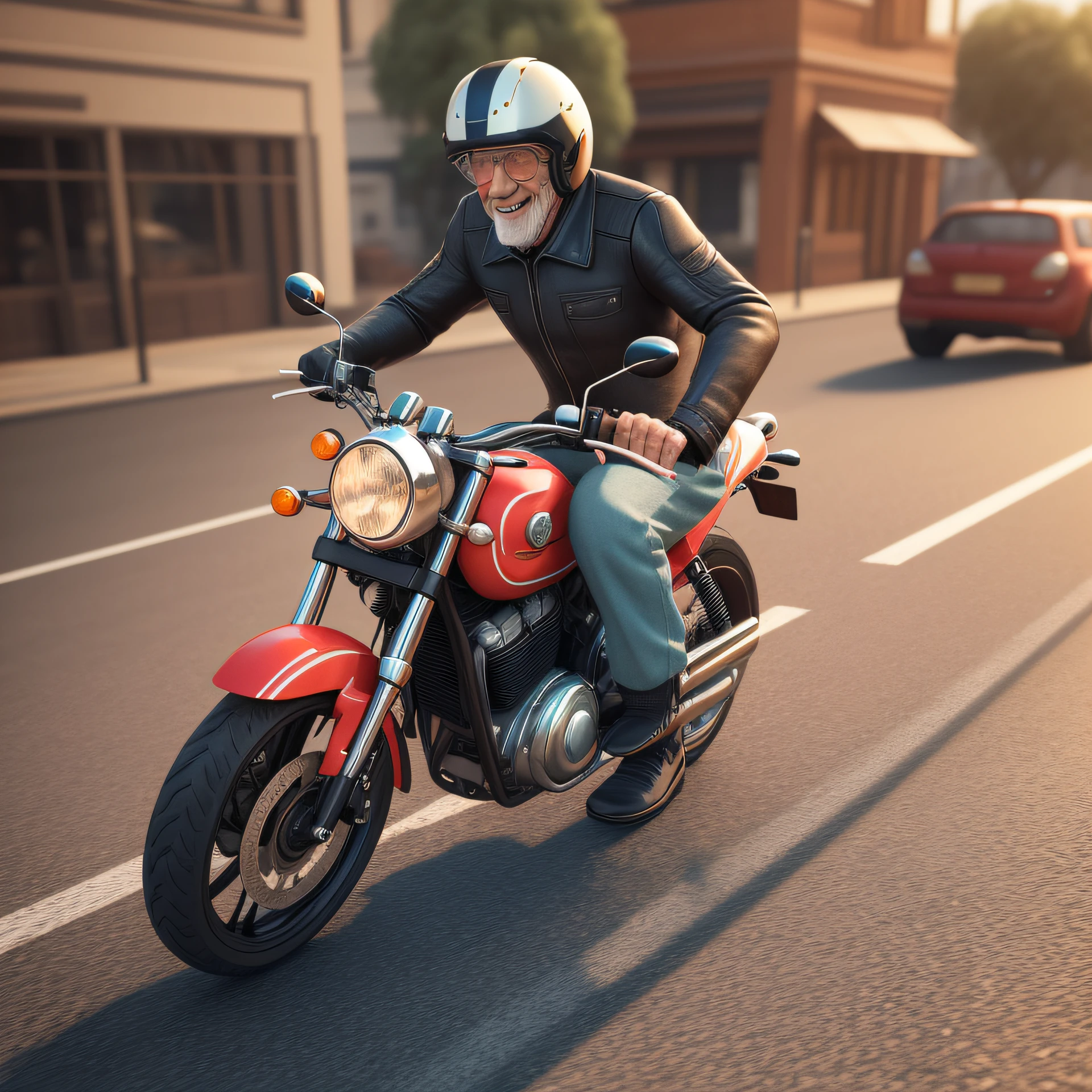 imagine a 3D character model of a happy elderly man riding a motorbike