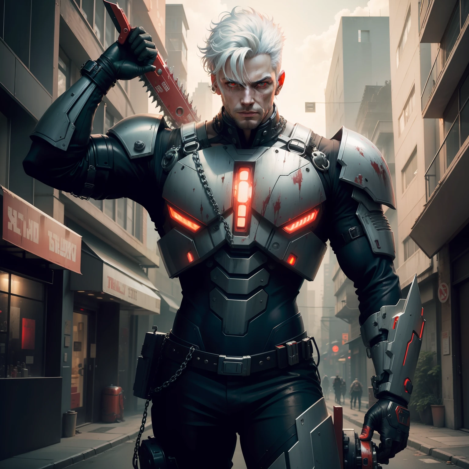 Dark_Fantasy,Cyberpunk,(chain saw,chain saw man,Red:1.1),1man,white Hair, bloodlust eyes, Young man, Mechanical marvel,Robotic presence,Cybernetic guardian, wearing a worn-out mech suit, intricate, (steel metal [rusty]), elegant, clear focus, shot by greg rutkowski, soft lighting, vibrant colors, masterpiece, ((street)), cowboy shot, dynamic pose,8k, High quality, Extremely detailed, Ultra realistic, Amazing, masterpiece