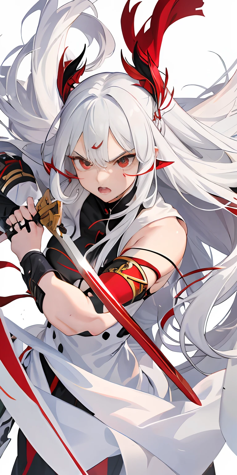 angry face, left eye blinking, red right eye, white hair, long hair, man, hand holding a long sword,