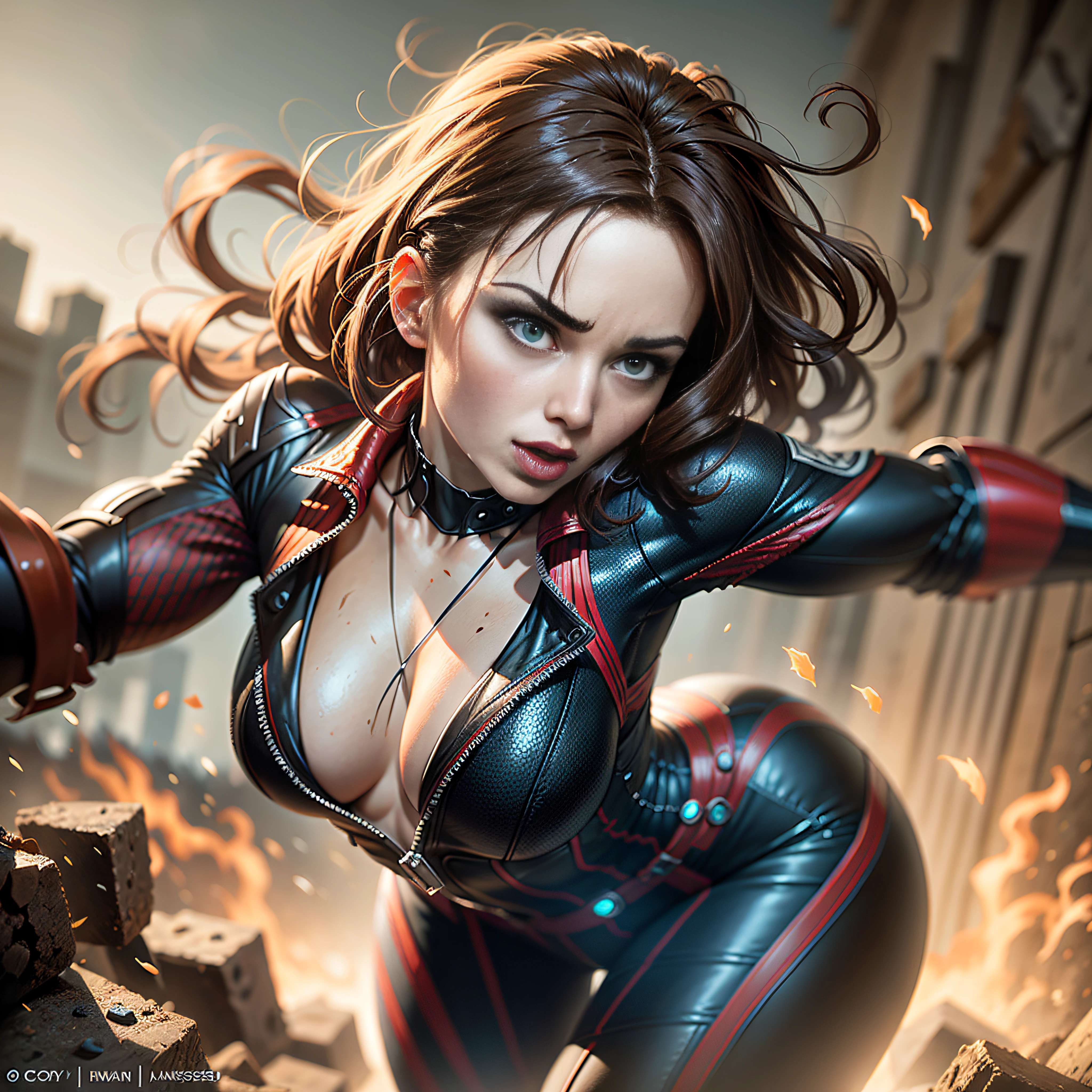 Dynamic action shot of Black Widow from Marvel comics from Hellgate London cinematic shot on canon 5d ultra realistic Rory Lewis Artgerm WLOP Jeremy Lipking Jane Ansell studio lighting, atmospheric