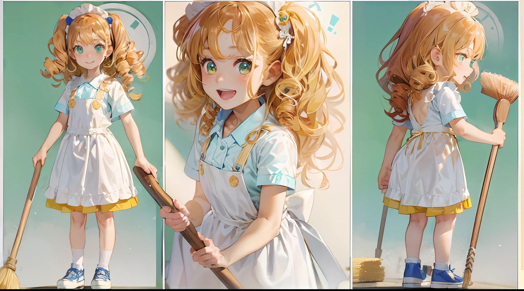 photorealisim、full body Esbian、１２Year old girl、Cute with green eyes１２Year old girl、Severe curly hair、Naturally curly hair、Golden hair、hitornfreckles、Housemaid style、ssmile、Cleaning cheerfully with a broom