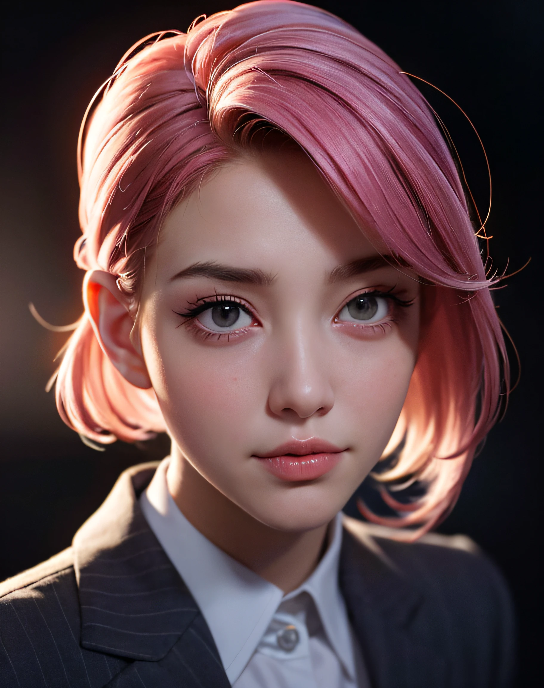 photo of a 20yo woman, waist up, looking at camera, wear suit, (againts pink leaves) tree, natural skin texture, 4k textures, soft cinematic light, intricate details, elegant, highly detailed, sharp focus, soothing tones, exposure blend, hdr, faded, hyperdetailed, backlighting, 85mm, close-up, best quality, photorealistic, volumetric fog, analog style, (cinematic look)
