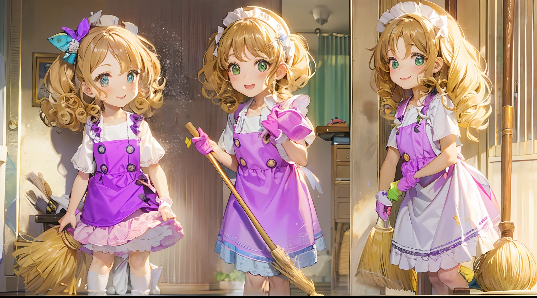 photorealisim、full body Esbian、１２Year old girl、Cute with green eyes１２Year old girl、Severe curly hair、Naturally curly hair、Golden hair、hitornfreckles、Housemaid style、ssmile、Cleaning cheerfully with a broom