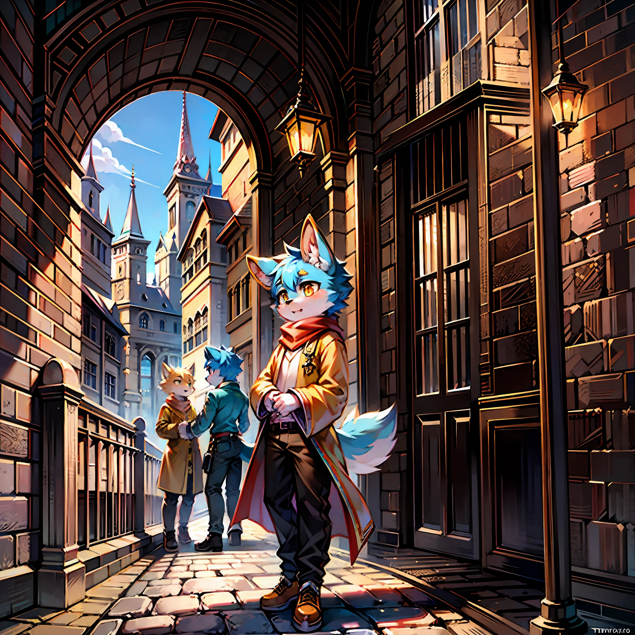 tmasterpiece，Best quality at best，high qulity，Ridiculous resolution，8K，Digital painting，Furry fur，Light red fur，Full body fur:1.2，A furry boy，（ar old，s：1.5），Character focus，in a panoramic view，blue colored eyes，Bright pupils，Fluffy tail，fox tails，Light yellow ear tips：1.5，Fox ears，Furry fox claws：0.8，Broken robes，Plain scarf，Patch trousers，Coarse cloth shoes，Lean against the wall，Detailed environment，Medieval town background，Standing with your hands down：1.5，Victorian style architecture，Gothic style architecture，Magical architecture，mid afternoon