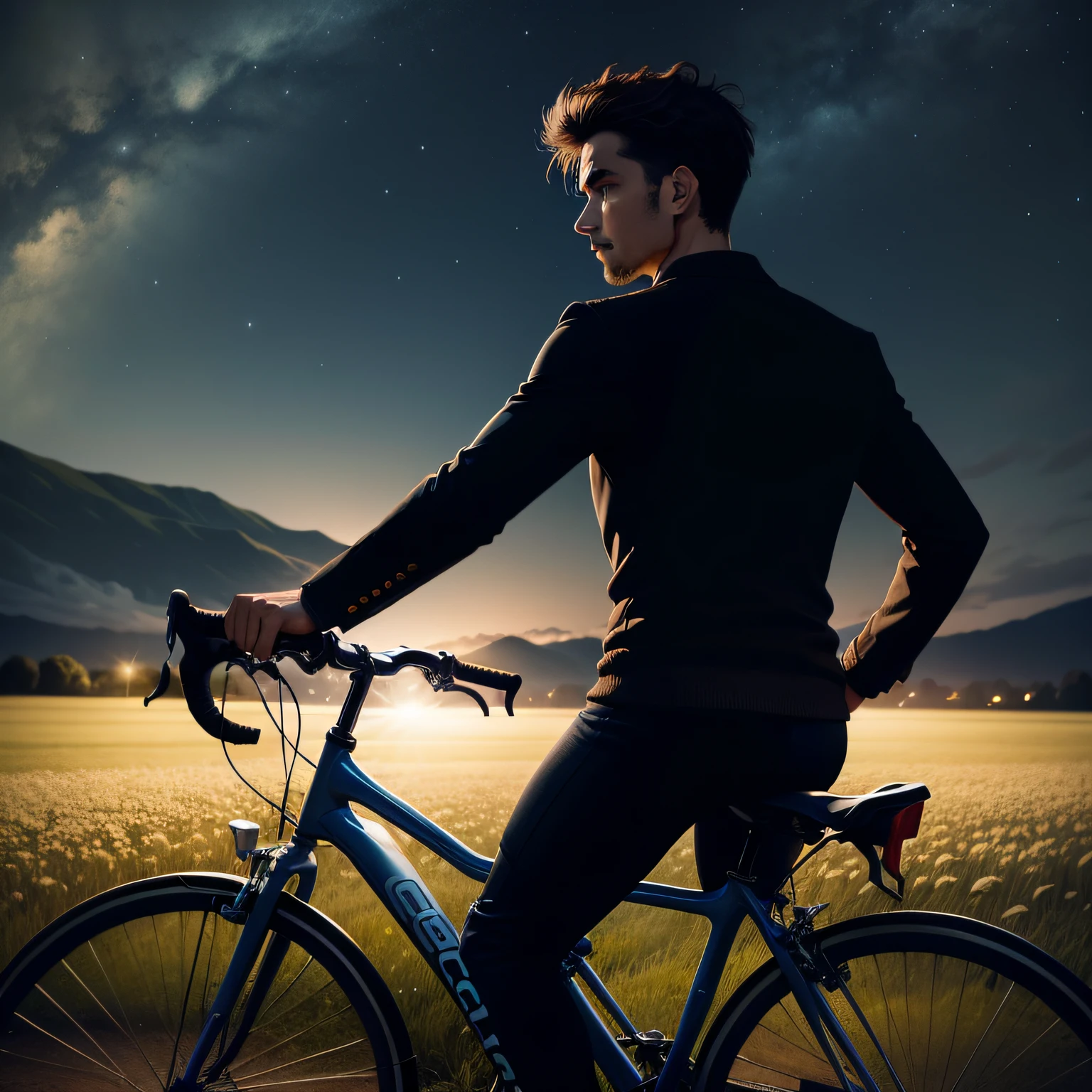 A man rides his bike in a field at night