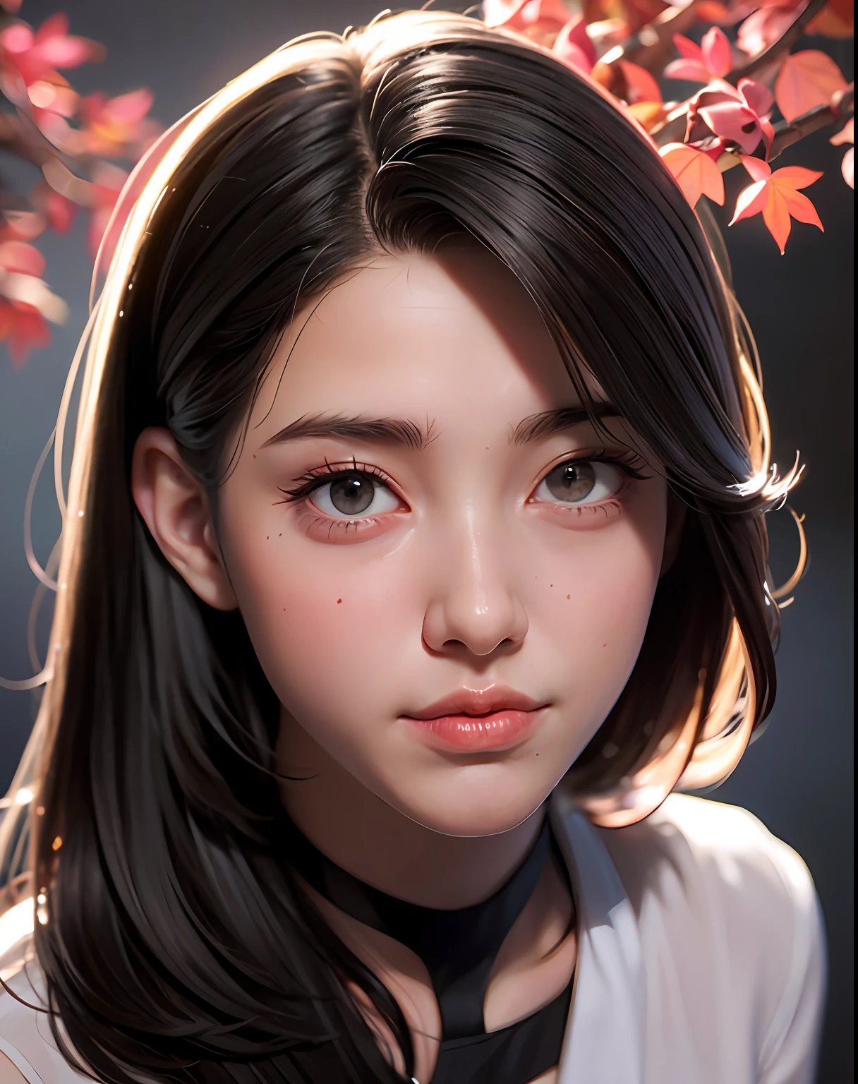 photo of a 20yo woman, waist up, looking at camera, wear suit, (againts pink leaves) tree, natural skin texture, 4k textures, soft cinematic light, intricate details, elegant, highly detailed, sharp focus, soothing tones, exposure blend, hdr, faded, hyperdetailed, backlighting, 85mm, close-up, best quality, photorealistic, volumetric fog, analog style, (cinematic look)