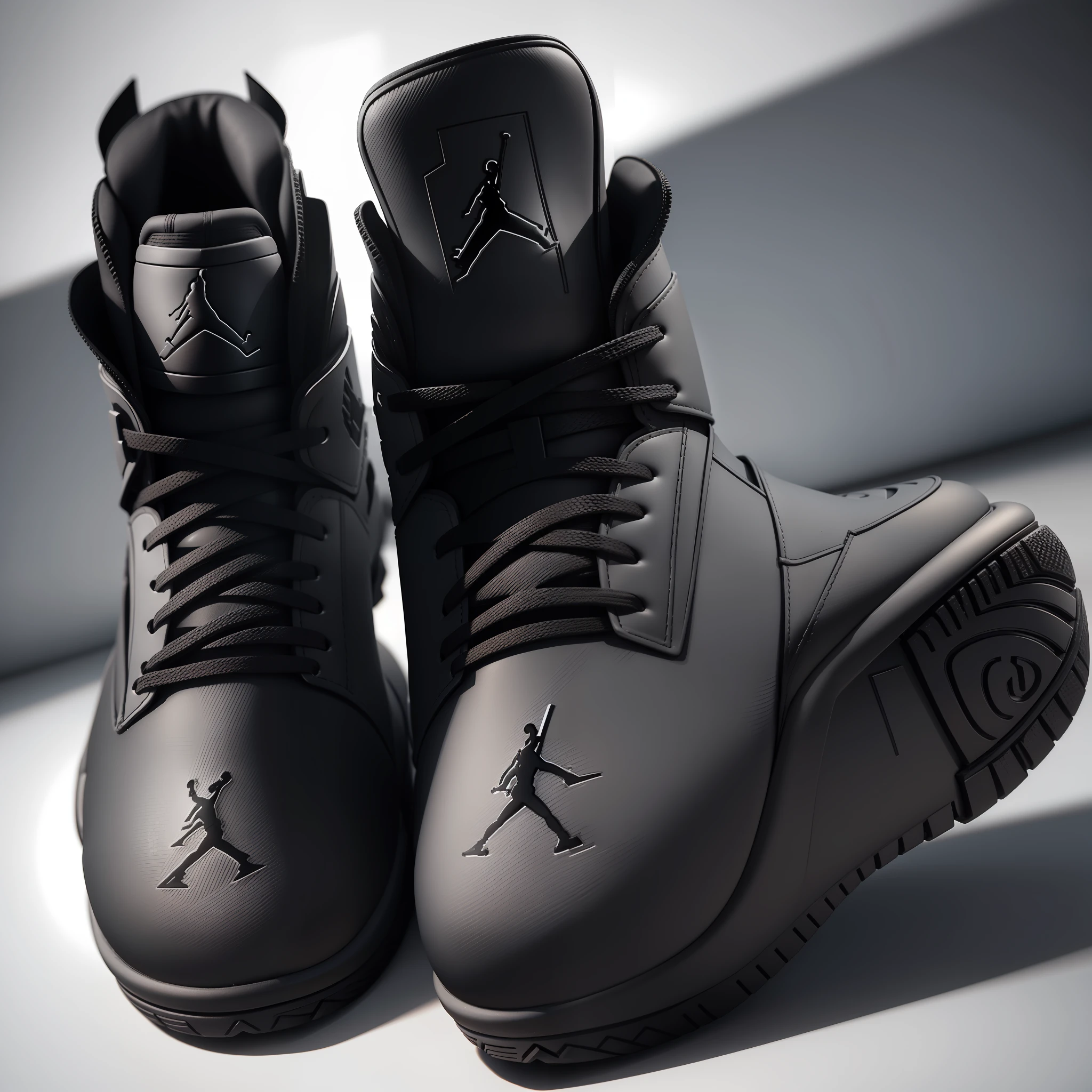 Une paire de Air Jordan noir et or, Focus on details, dinamic lighting, minimalist background, minimaliste 3D, Perfect symmetry.