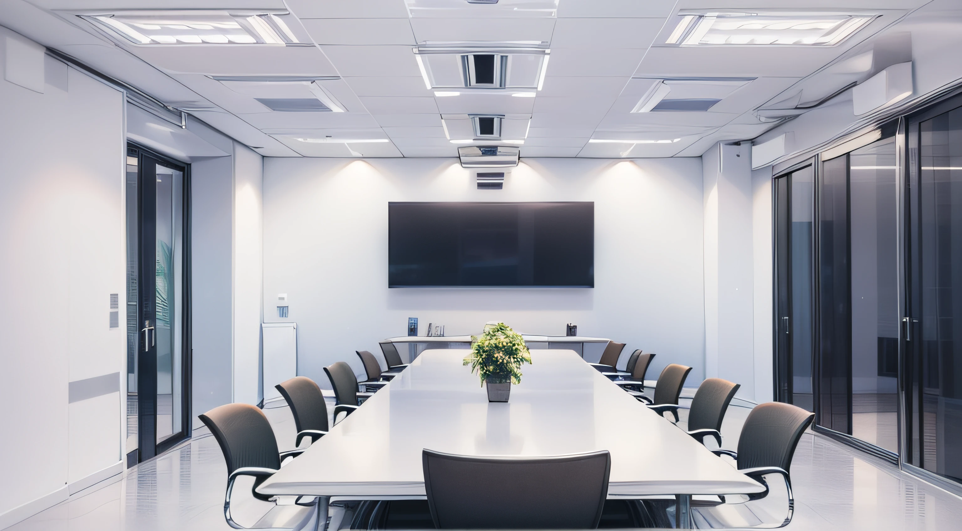 Background, No People, Office, Meeting room, White and Black Interior, White desk, White Light, Modern Interior, Black TV Screen, Narrow room, Long and Big Desk and Chairs, Front view