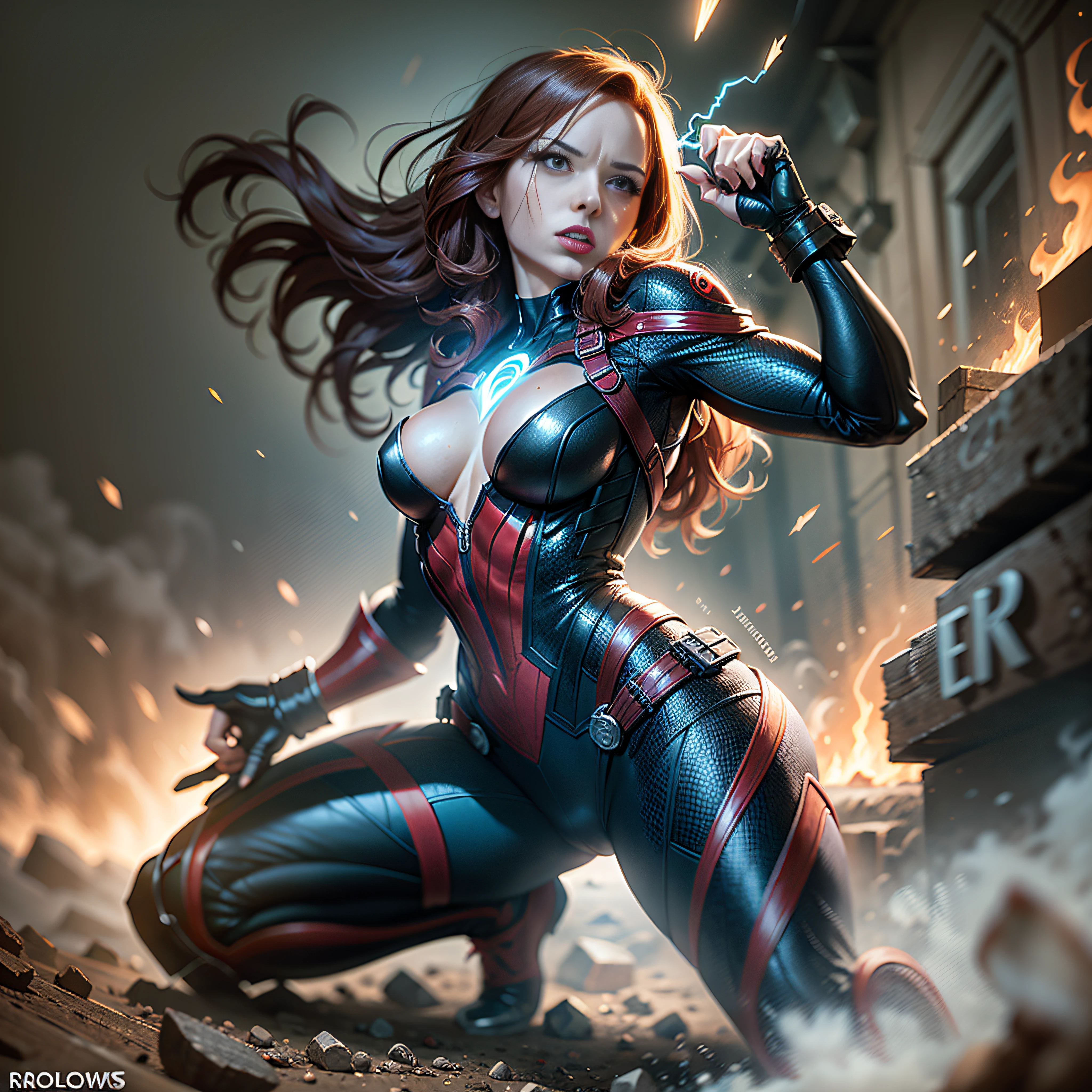 Dynamic action shot of Black Widow from Marvel comics from Hellgate London cinematic shot on canon 5d ultra realistic Rory Lewis Artgerm WLOP Jeremy Lipking Jane Ansell studio lighting, atmospheric