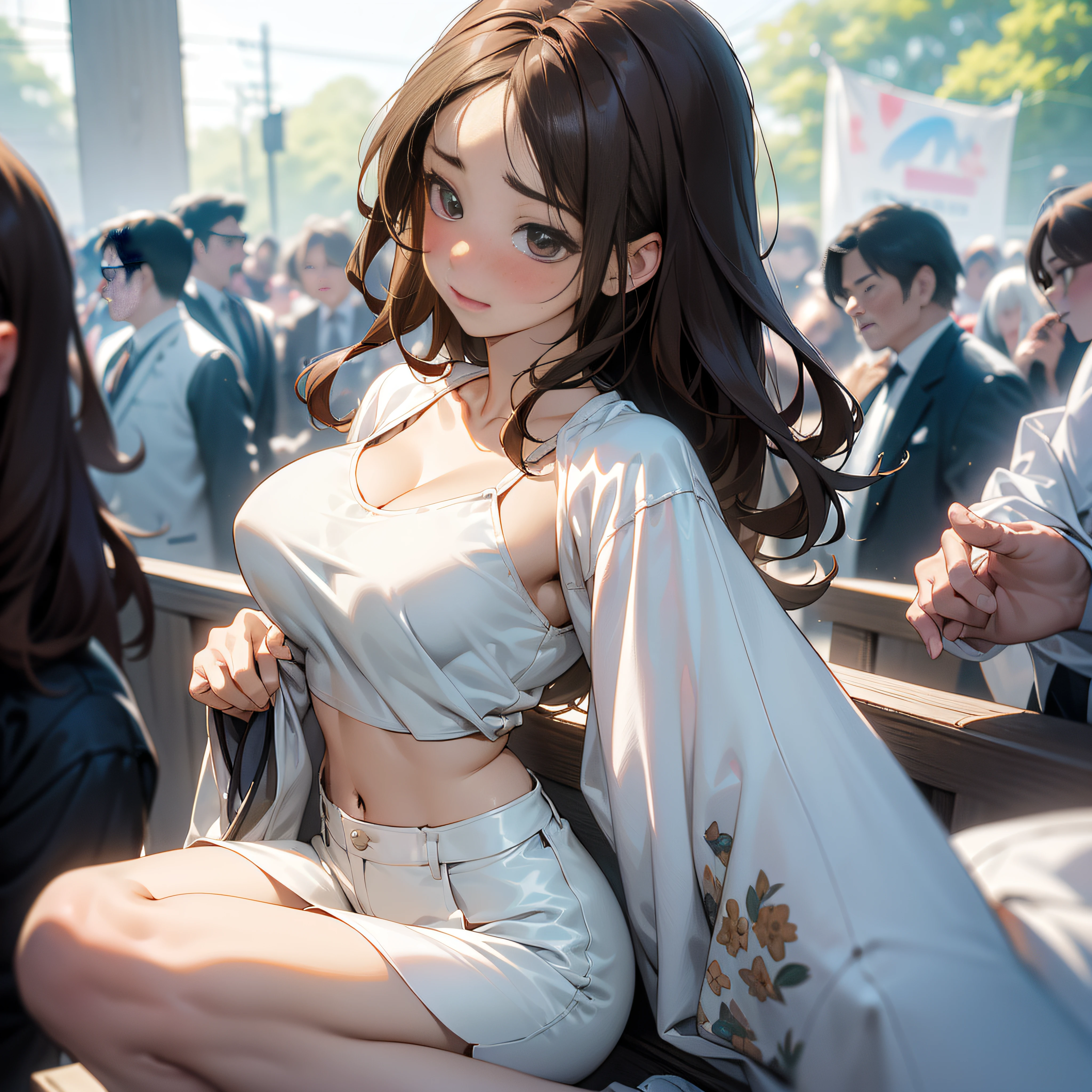 ((top-quality、in 8K、​masterpiece:1.3))、Clear focus:1.2、5girls、extremely detailed eye and face、beatiful detailed eyes、Smiling at the camera、Perfect figure:1.4、Slim abs:1.1、((dark brown hair))、(White crop top:1.4)、(outside of house、natta:1.1)、Street、Super fine face、二重まぶた、Beautiful fece、yawns:1.3、stares at the camera、The 5 most famous beautiful sisters in the world、Constriction of the lower back、Beautiful legs、Taut skin、Highly detailed facial and skin texture、A detailed eye、thin cheeks、Healthy skin、(Layered hairstyle、dark brown hair)、(Middle breasts exposed)、((disheveled outfit and hair:1.2))、(camisole、leggins、White leather jacket)、 (Natural Breast、Natural cleavage)、(In an incredibly crowded festival))、frombelow、(A slightly blushing expression:1.5))、