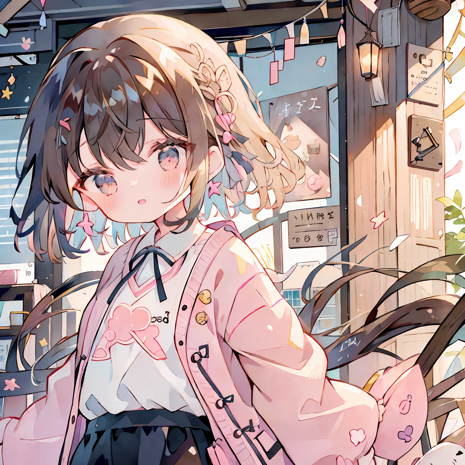 icons、elementary student、childish、One girl、Brown hair、cute little、masterpiece、Medium Hair、Street fashion、Top image quality、top-quality、elementary student、Pink ribbon