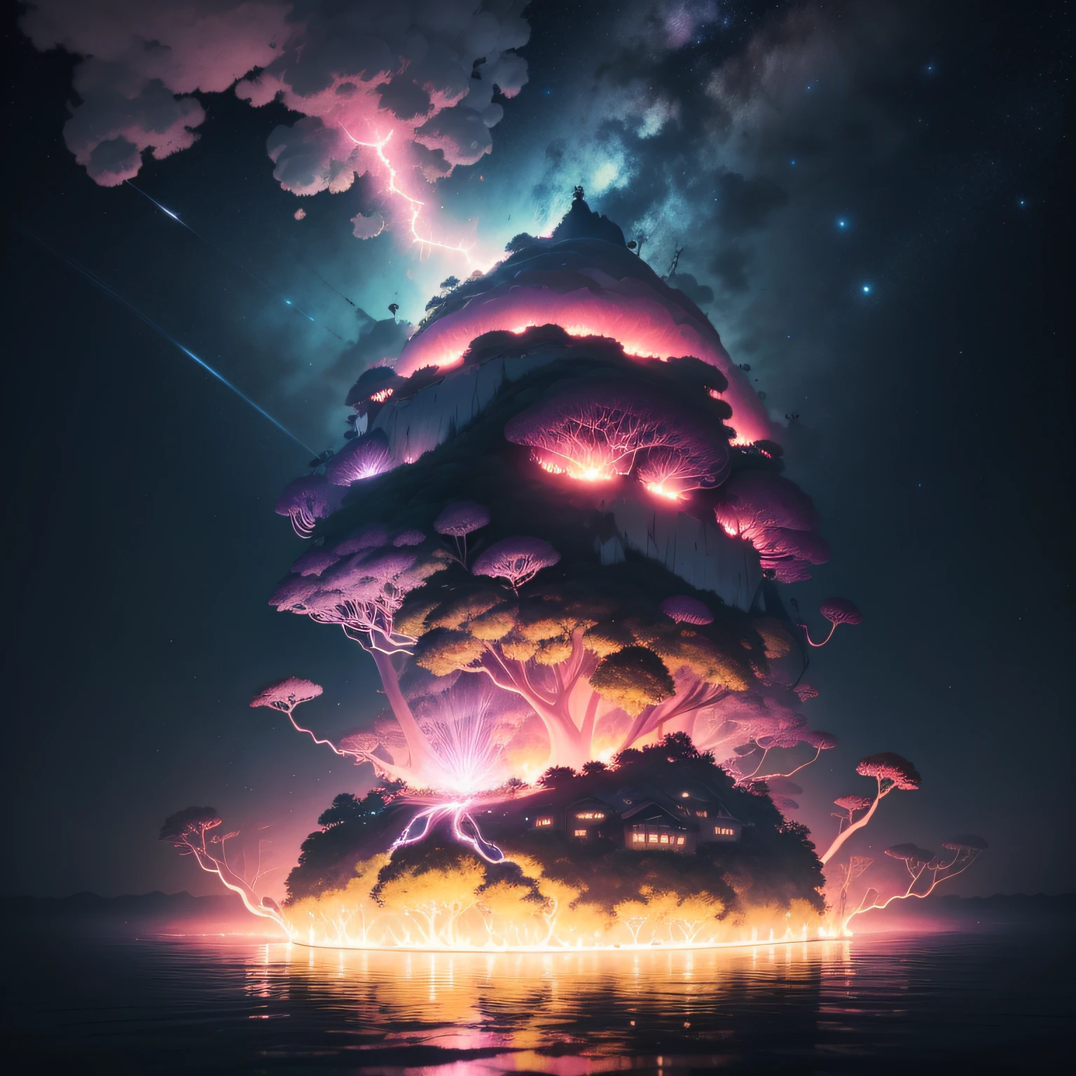 massive floating island in the night sky, covered in glowing pink flora spouting yellow sparks, surrounded by smaller islands, covered in glowing blue flora, with fireflies and butterflies flying on the islands and in between.