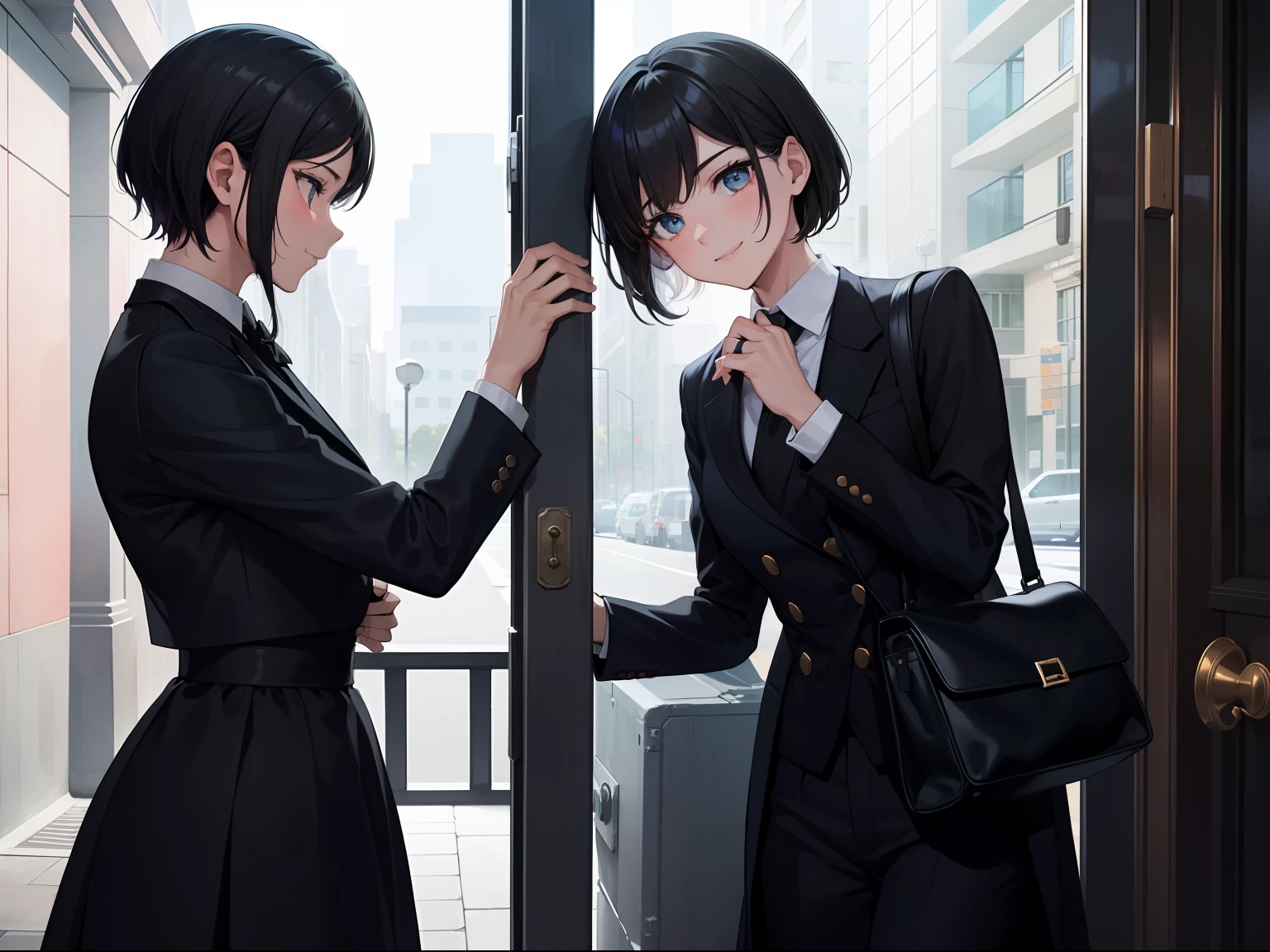 {{{A boy with short hair in a black suit}}}{{At the entrance of the Civil Affairs Bureau}}}{{Short hair and handsome}}{{{The bridge of the nose is high}}}{Beautiful temperament}}}{{{A girl with long black hair in a black dress}}}{{{The figure is moving}}}{{{At the entrance of the Civil Affairs Bureau}}}{{{Double}}}The boy smiled and touched the girl's head