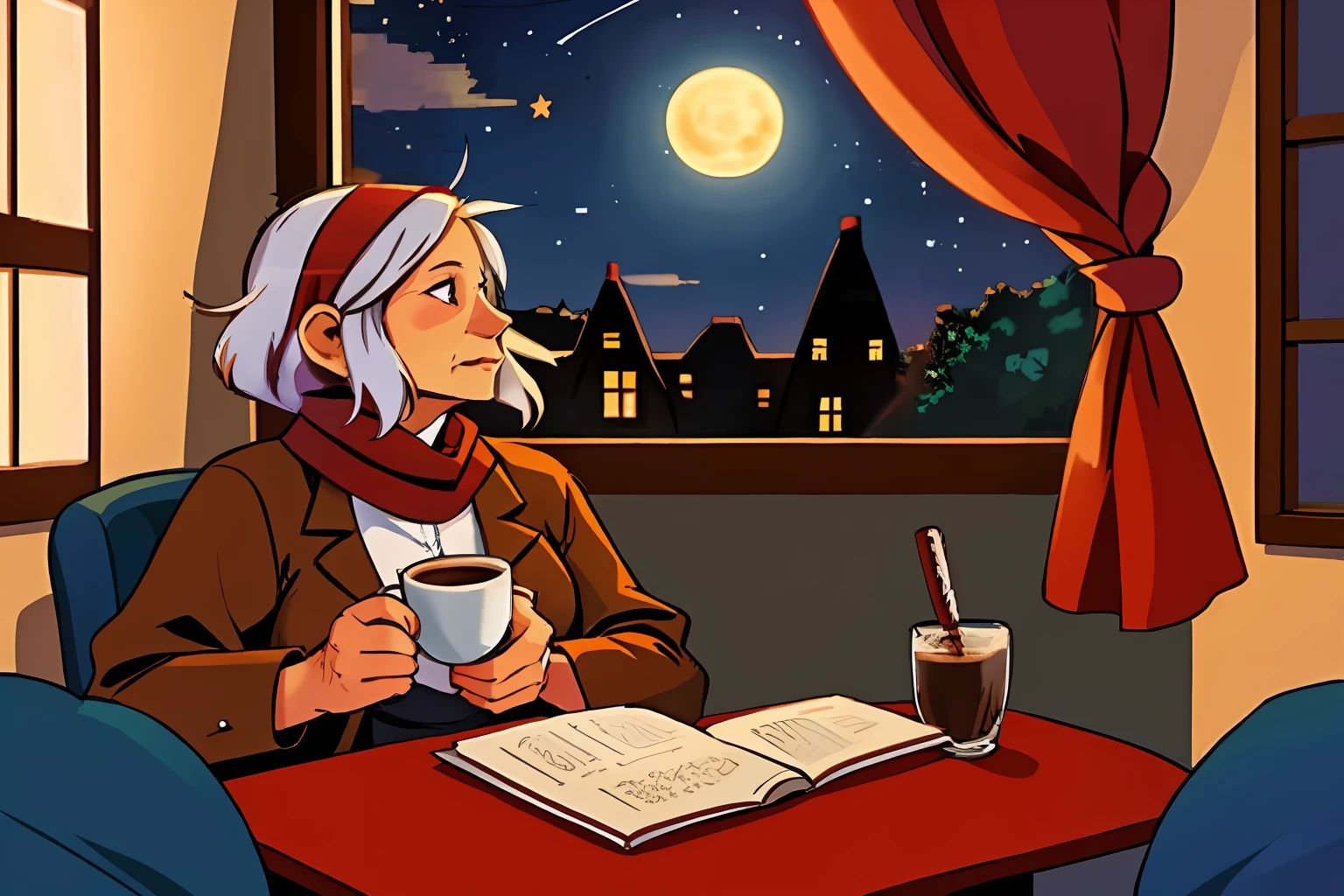 elderly woman with a red scarf sitting in chair with cup of coffee in front of window, elderly woman, thoughtful ), elderly, in a comfortable chair, old woman, older woman, old lady, thoughtful, night sky with full moon outside, looking outside, an old lady, looking out window,