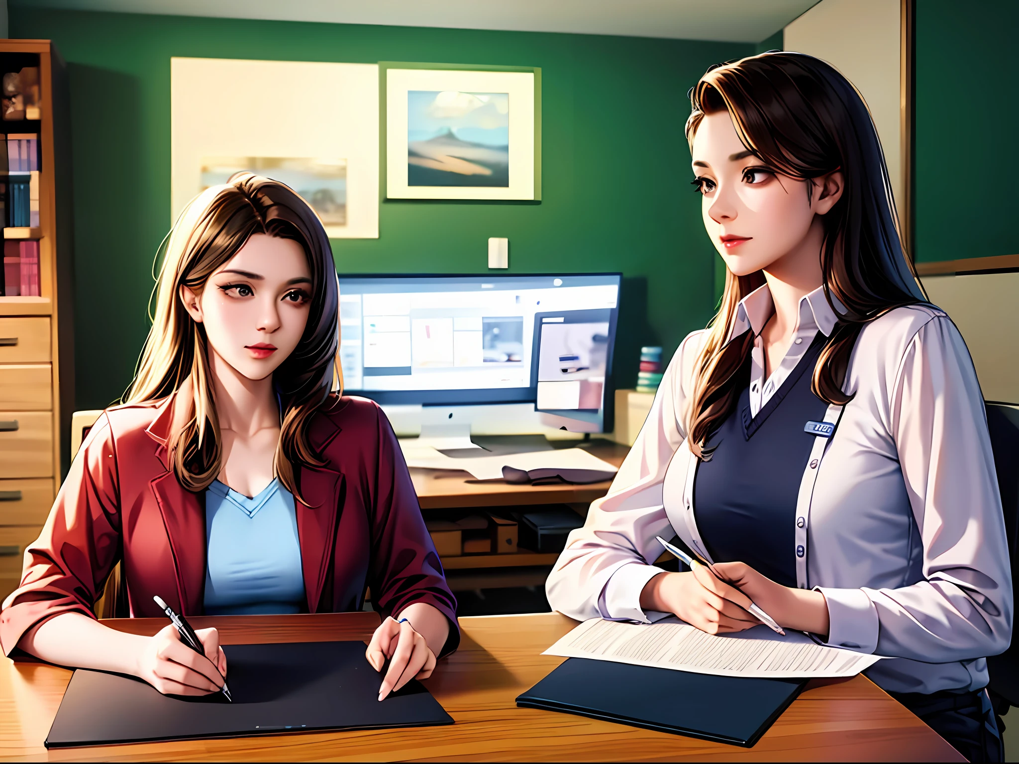 A man and a woman sitting at a desk writing a comic,Realistic art style,
