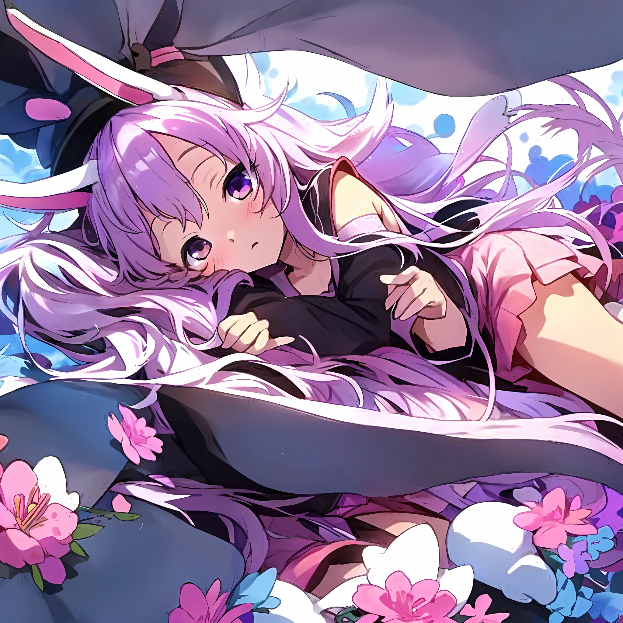 Anime girl with bunny ears and hat lying on a bed of flowers, splash art anime loli, Bunny Girl, nightcore, Cute Anime, beautiful fantasy anime, reisen udongein inaba, Very Beautiful Anime Cat Girl, anime wallpaper, anime wallaper, with long floppy rabbit ears, Cute anime girl, With bunny ears(top-quality、8K、32K、​masterpiece、nffsw:1.2)、