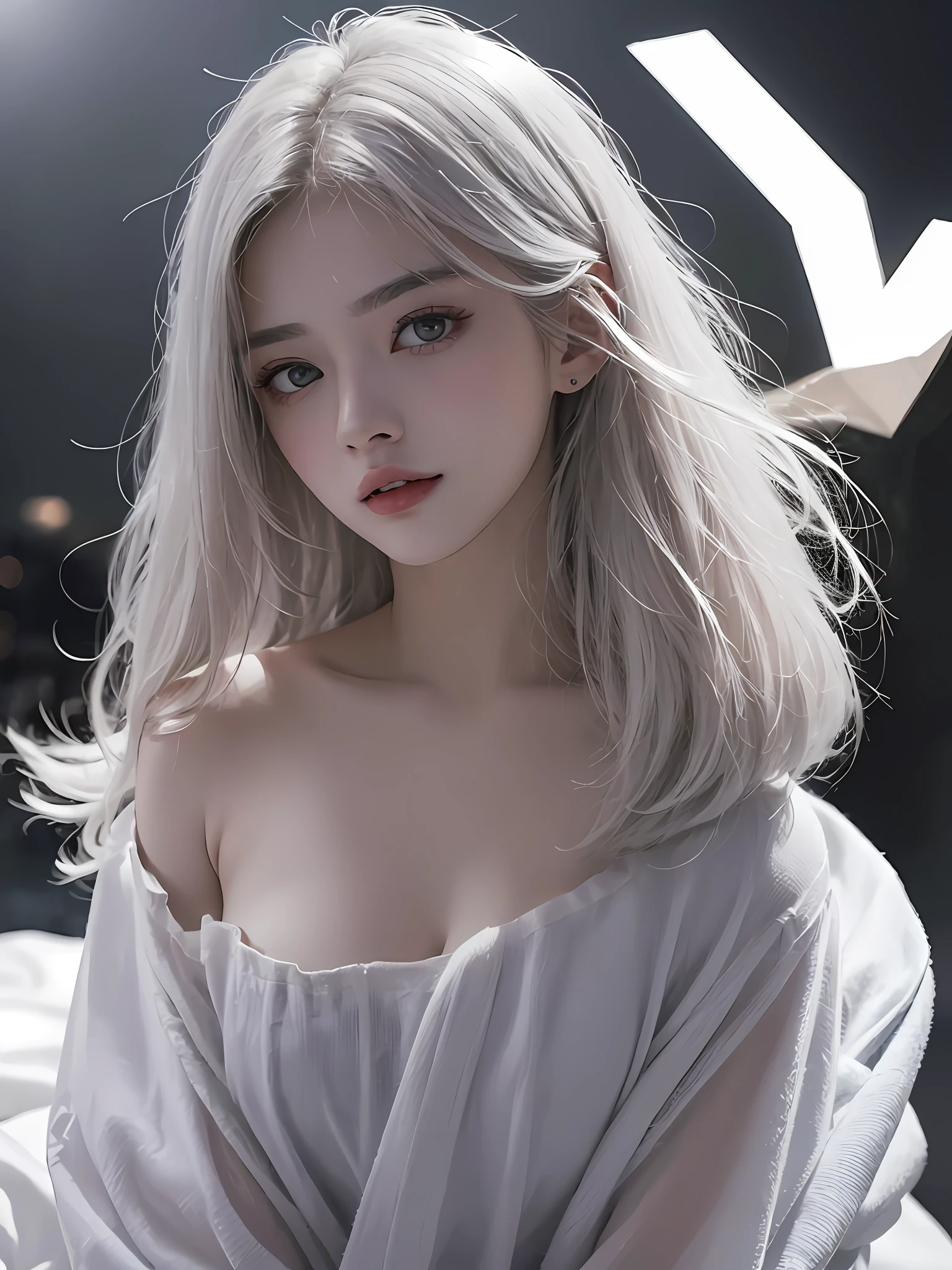 best qualtiy， tmasterpiece， 超高分辨率， （realisticlying：1.5）， RAW photogr， 1girll， bshoulders， in the darkness nigth， deep shading， low tune， cold light， Sexy look， with short white hair，No chest leakage，Blackn clothes