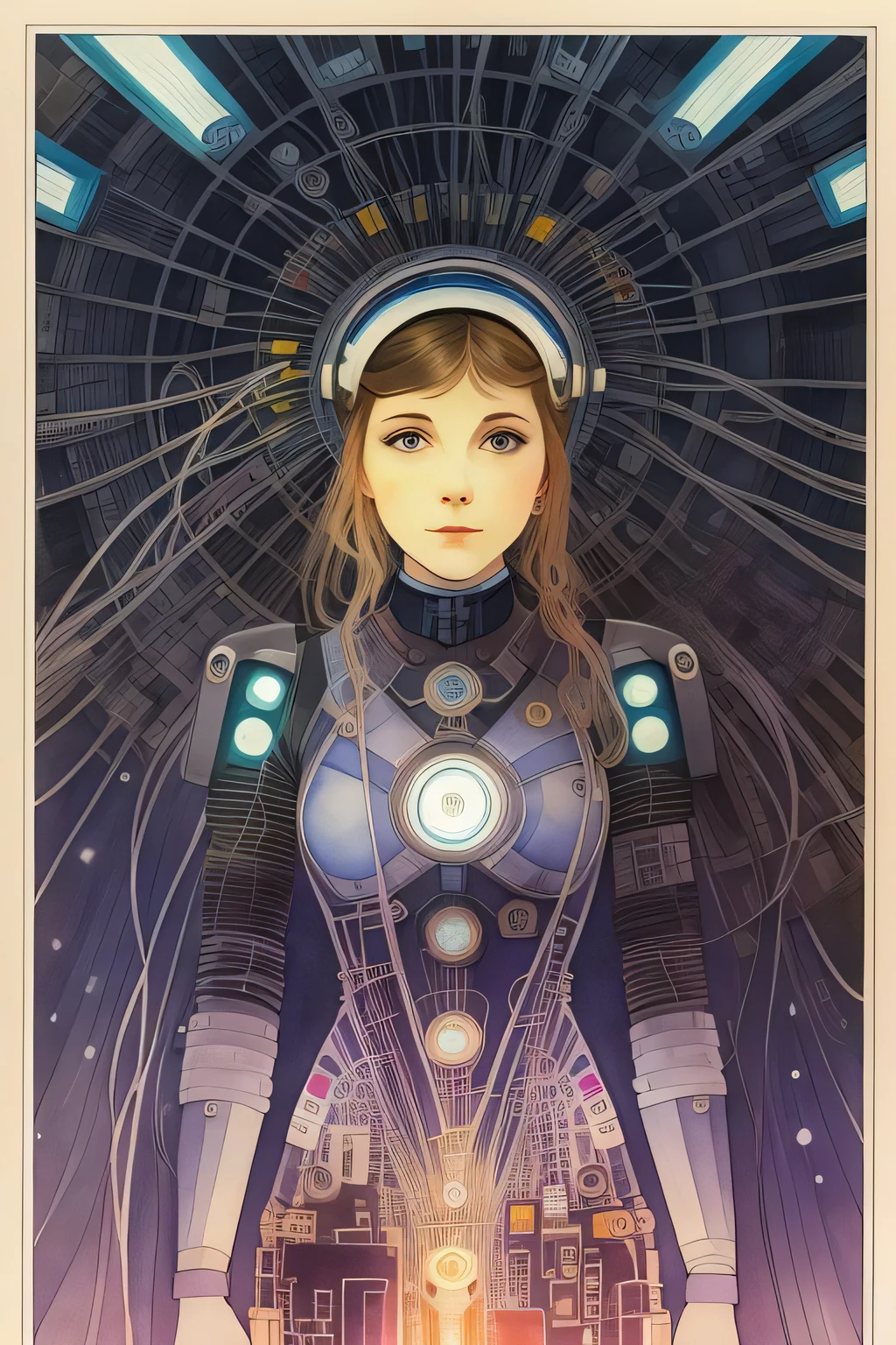 girl connected to a huge number of wires connected to a network, she is like a puppet controlled from above, a luminous halo behind her head, frontal, in the style of Alphonse Mucha