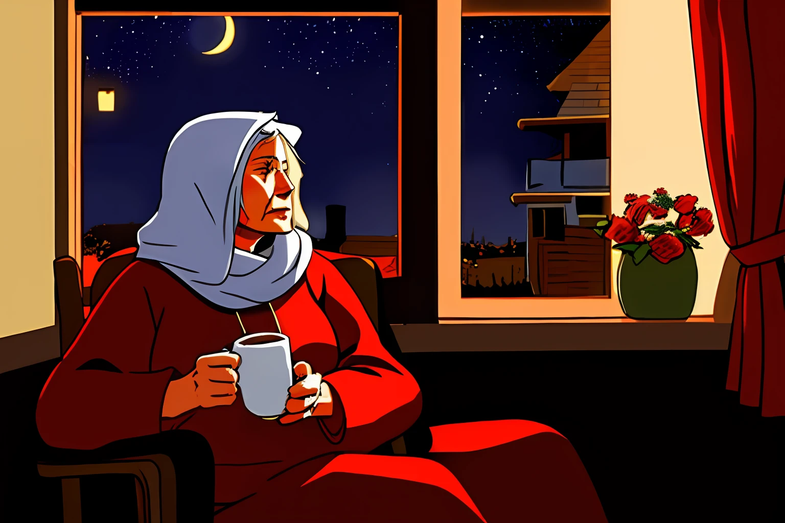 elderly woman with a red scarf sitting in chair with cup of coffee in front of window, elderly woman, thoughtful ), elderly, in a comfortable chair, old woman, older woman, old lady, thoughtful, night sky with full moon outside, looking outside, an old lady, looking out window,