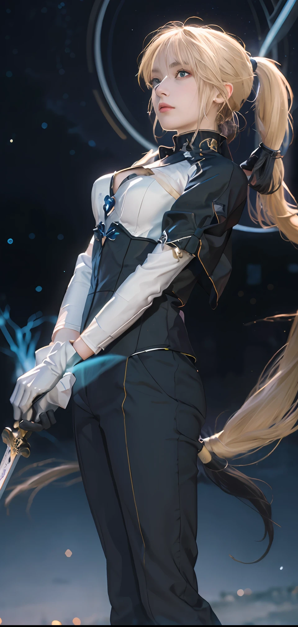 ((masterpiece:1.2, best quality)), realistic, 1girl, solo, blood, male focus, looking at viewer, artoria pendragon \(fate\), black (((suit))), black (((pant suit))), (((ponytail))), (((black gloves))), aurora, night, stars (sky), sky, night sky, starry sky, holding Magic Sword, Dark Clouds, Night, model shot, (Impressionism: 1.4), (Tarot: 1.3), Alphonse Mucha, BREAK
