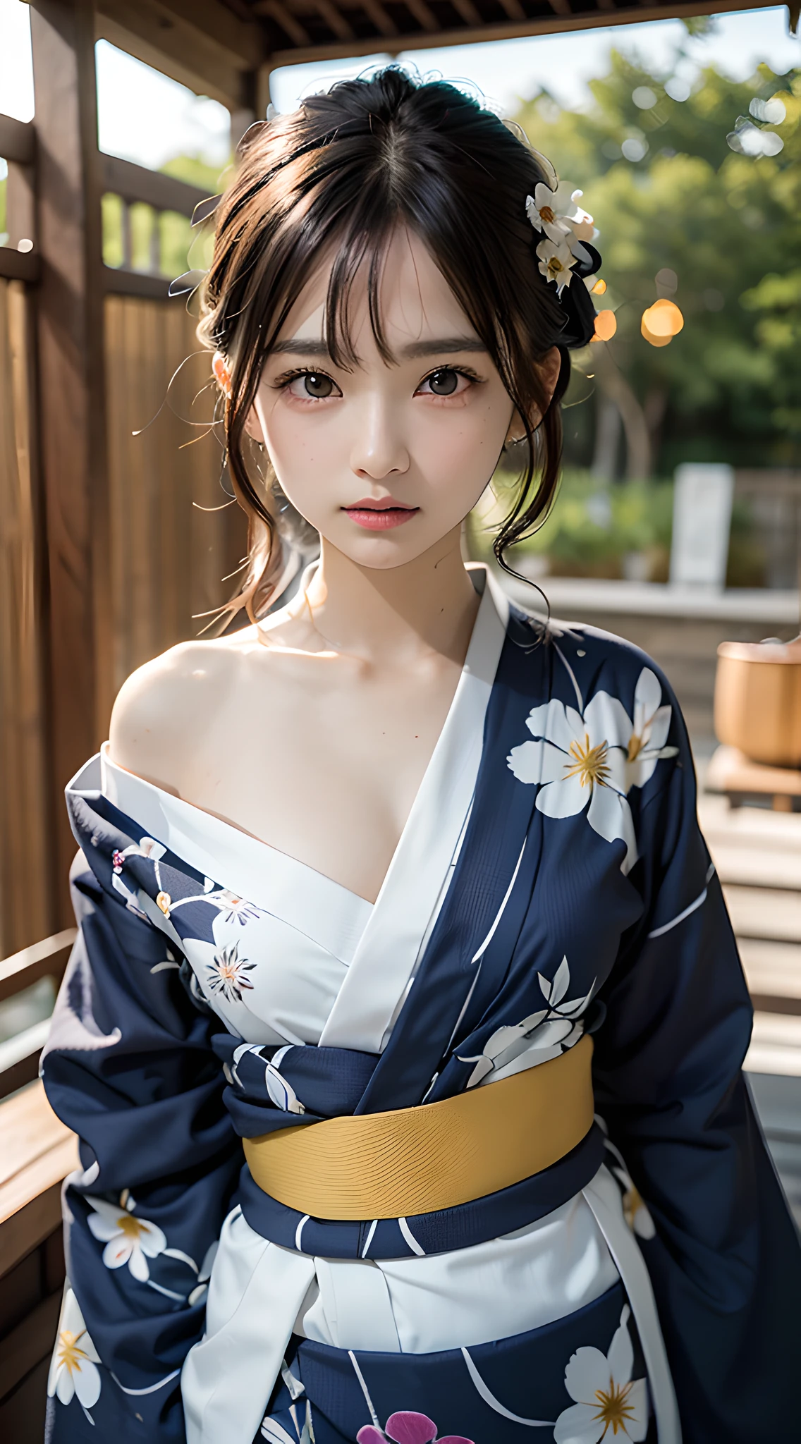 (masterpiece, best quality:1.4), beautiful face, 8k, 85mm, absurdres, (floral pattern yukata:1.4), face close up, violaceaess, gardeniass, delicate girl, solo, night, looking at viewer, upper body, film grain, chromatic aberration, sharp focus, facelight, professional lighting, sophisticated, (smile:0.4), (simple background, bokeh background:1.2), detail face