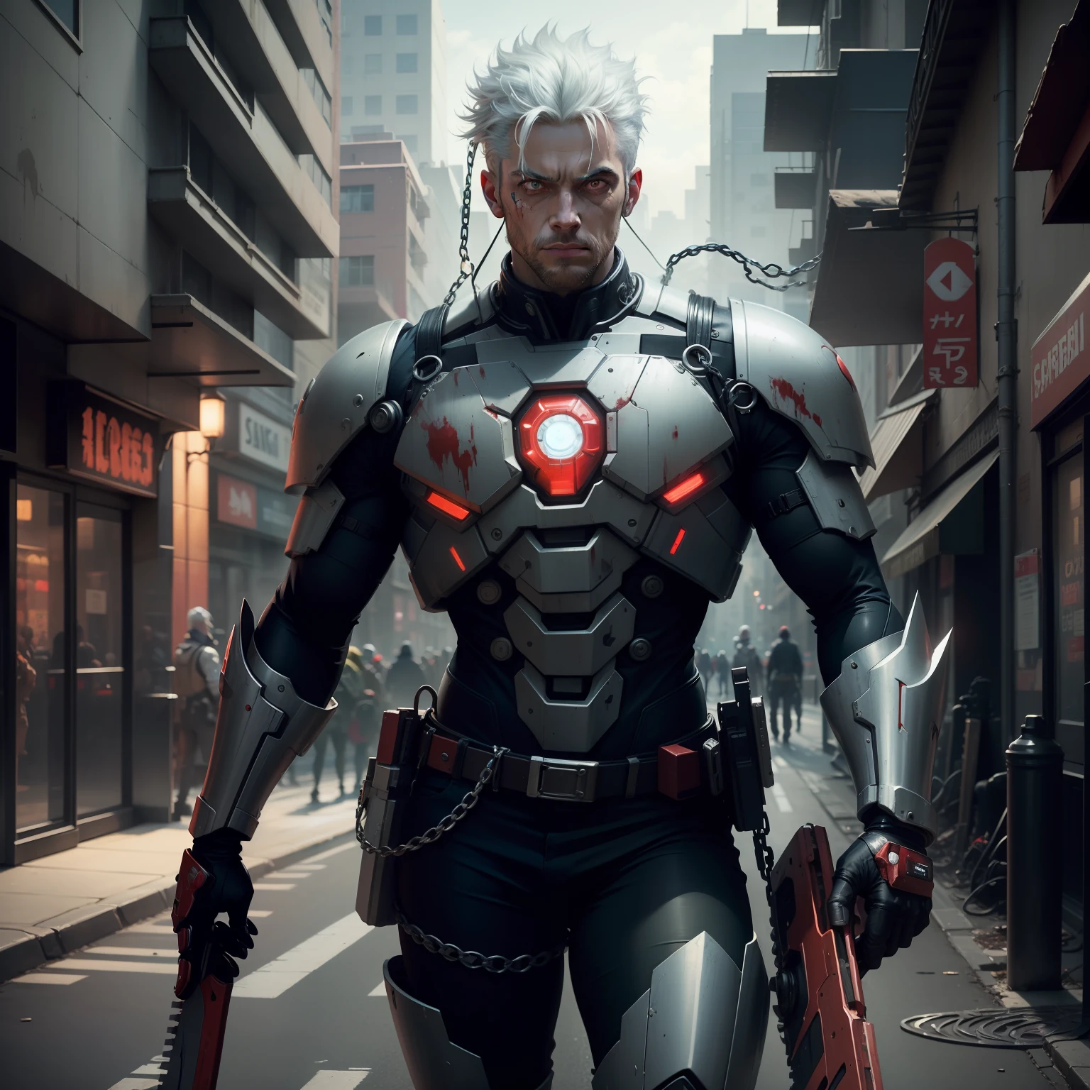 Dark_Fantasy,Cyberpunk,(chain saw,chain saw man,Red:1.1),1man,white Hair, bloodlust eyes, Young man, Mechanical marvel,Robotic presence,Cybernetic guardian, wearing a worn-out mech suit, intricate, (steel metal [rusty]), elegant, clear focus, shot by greg rutkowski, soft lighting, vibrant colors, masterpiece, ((street)), cowboy shot, dynamic pose,8k, High quality, Extremely detailed, Ultra realistic, Amazing, masterpiece