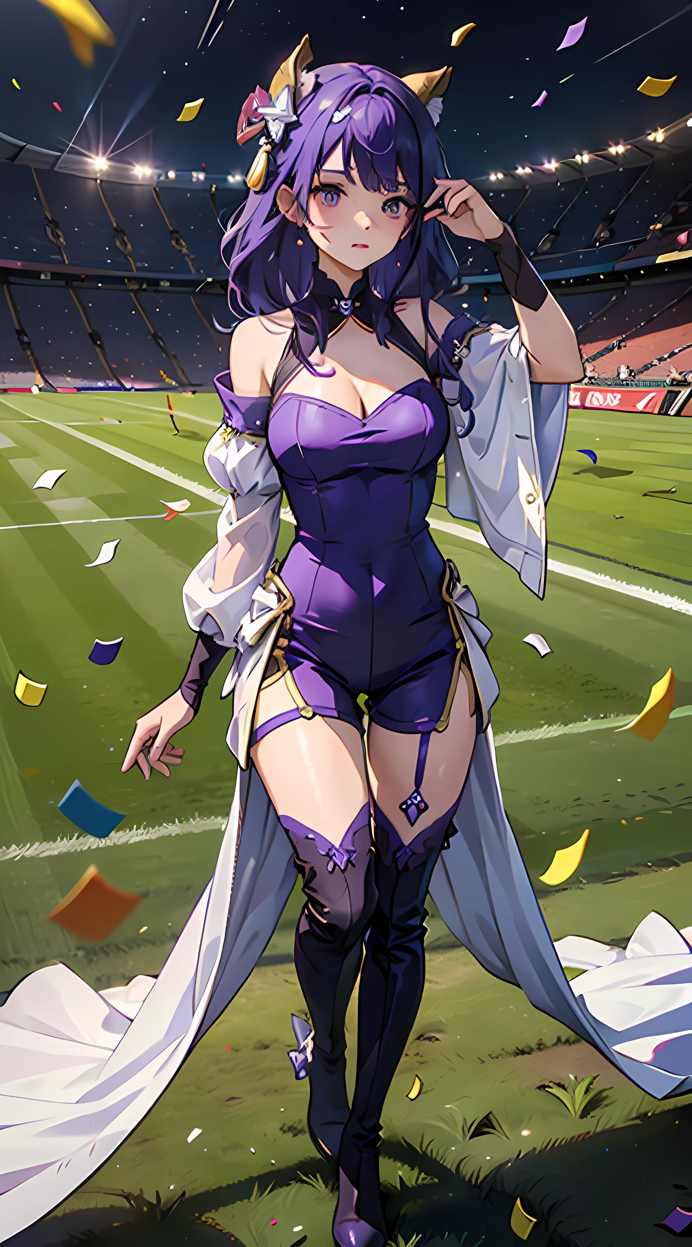 masterpiece, best quality,
narita top road,
grass, stadium, confetti,
standing, sweatdrop, hand up, looking down,
ear cover, star hair ornament, brooch, sleeveless dress, purple dress, white bow, mismatched gloves, white gloves, black gloves, shoulder cutout, puffy long sleeves, detached sleeves, see-through sleeves, frills, shorts under dress, short shorts, purple shorts, thigh strap, knee boots, purple footwear,
