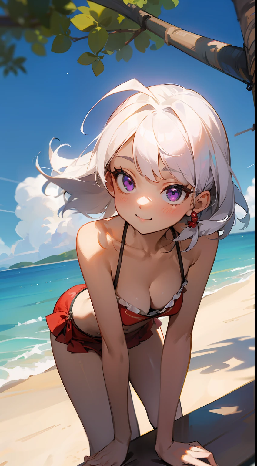 one-girl，ar old，ing fun，White color hair，Top-down view，perspire，比基尼，body curve，Purple eye，Tiny breasts，looks into camera，sportrait，closeup cleavage，Be red in the face，ssmile，brassier，beachside，sandbeach，​​clouds，the trees