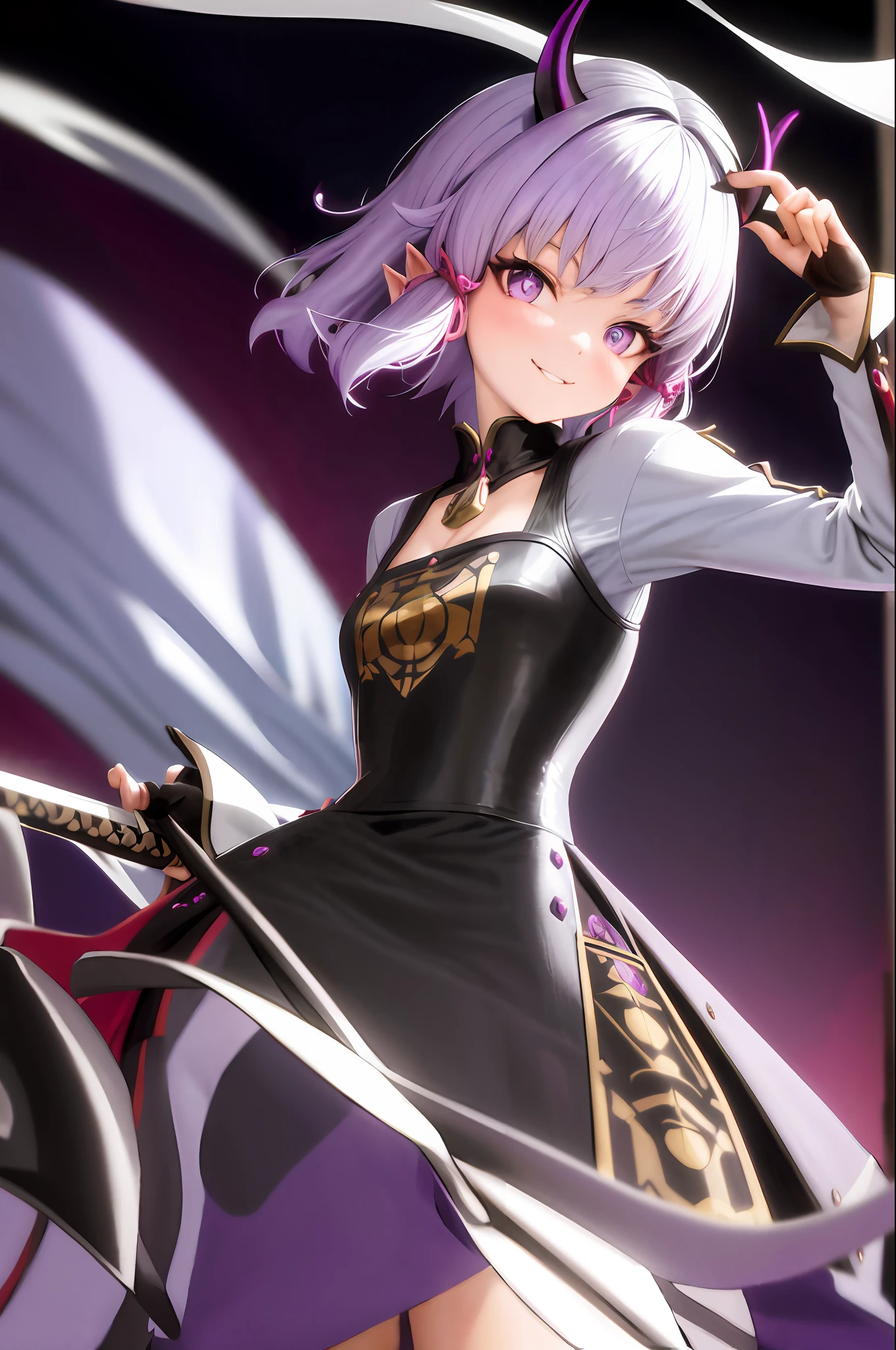 Purple hair, short hair, woman, vampire, short horns on the head, cute smile, noble dress, has an army, wields a sword with a black aura