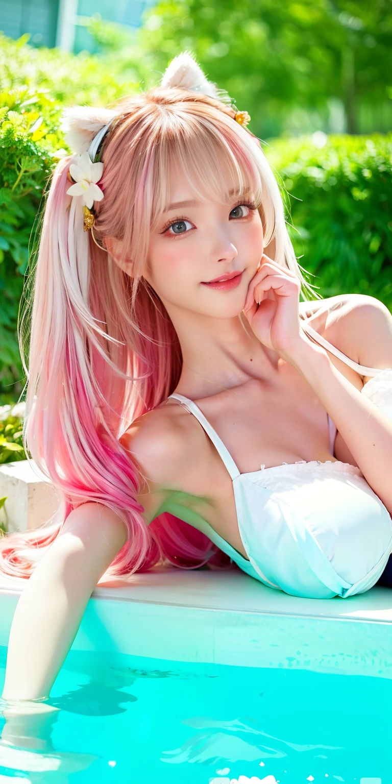 (8k, 4k, best quality, highres:1.2), (maasterpiece, realistic, photo realistic:1.37), 1girl, solo, beautiful face, eyelashes, nose, glossy lips, (detailed eyes, looking at viewer, fair skin, white skin:1.5), fine complexion, upper body,
large breasts, busty,,,
outdoor onsen,
two side up, absurdly long hair, blonde hair, pink hair, bangs, hair ornament, bow,
younger, aged down,