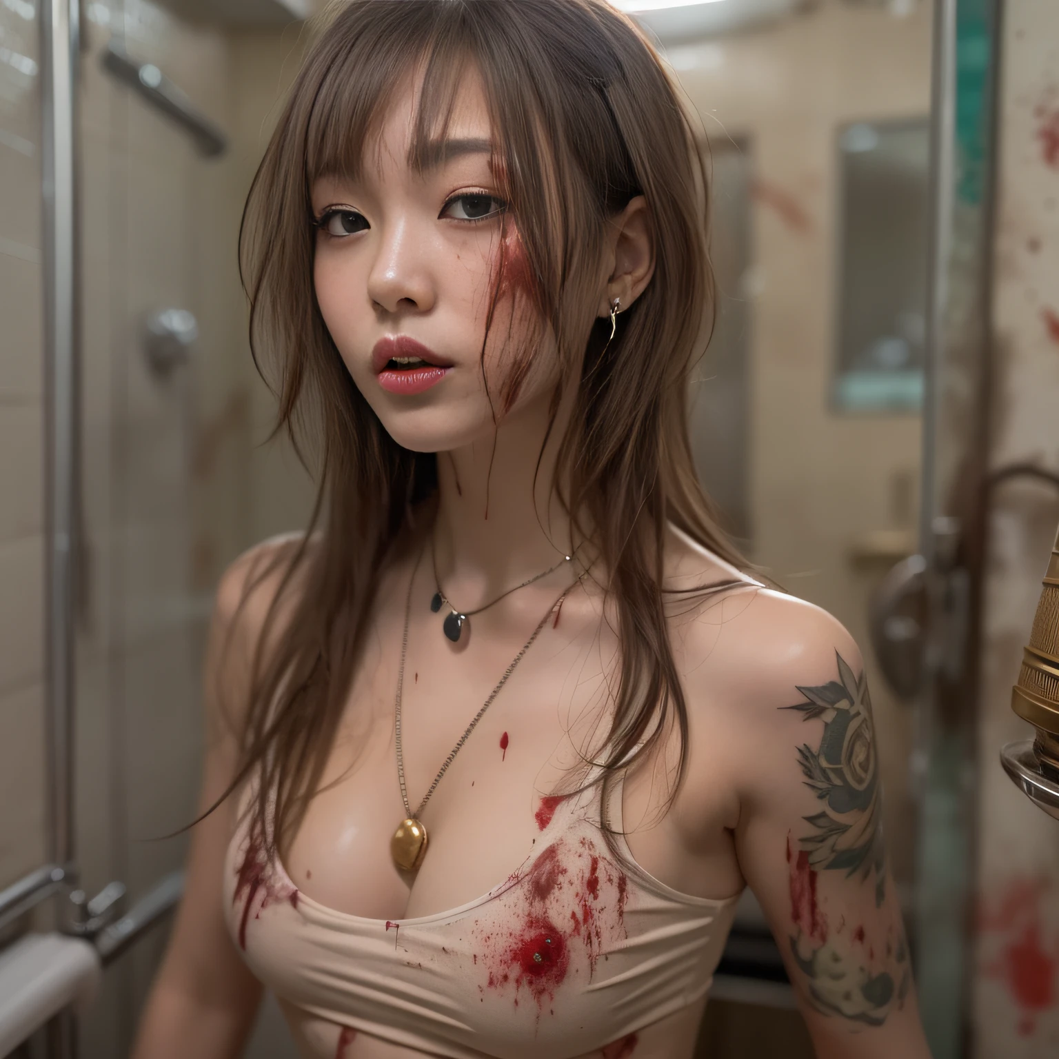 (Top image quality、8K、32K、Radio City、photon maping)、detailed skin textures、Detailed pore reproduction、Detailed hair reproduction、Photo of Pretty Japanese woman、独奏、tiny chest、Brown semi-shorthair、Many piercings in the ears、full body Esbian、Many tattoos、Ink and color、Slender Abs、Lots of eyeshadow、eye line、elongated eyebrows、A lot of tattoos on the body、Hairy armpit hair、Detailed skin detail reproduction、Detailed pore reproduction、Reproduce detailed hair growth all over the body、Expression of dirty skin、Sweaty body、Sweating a lot、full body Esbian、Fine shin hairs、brown-golden hair、Eyes closed、Open mouth、anguished expression、(surrealistic), (hight resolution), (8K), (ighly detailed),(Finish as shown in the photo), (Beautiful detailed eyes), (top-quality), (ultra-detailliert), (masterpiece), (Wallpaper), (详细的脸), Solo, (dynamicposes), 1 girl, Brown hair、Dirty bathroom,Ruined bathroom、numerous piercings in the ears,、 Beautie、Taiwanese, Heterochromic eyes,Small moles under the mouth, small tits,Long legs, tightens abs, Many tattoos、Ink and color、realistic skin textures、Realistic skin expression、pores、Hair growth、Armpit hair、Protruding pubic hair、Pink panties stained with filth、Sleeping on the toilet floor、Real reproduction、Ultra-realistic、Tank top stained with brown filth、Dirty body covered in mud-colored sewage、anguished expression、Eyes closed、Necklaces、Bracelets、Hair wet with dirty water、Massive splashes of blood、Massive splashes of blood,Massive splashes of blood,Massive splashes of blood,Massive splashes of blood,Massive splashes of blood,Massive splashes of blood,Massive splashes of blood,Massive splashes of blood,Massive splashes of blood,Massive splashes of blood,Massive splashes of blood,Massive splashes of blood,Massive splashes of blood,heavily soiled body、Unkempt and disheveled hair、