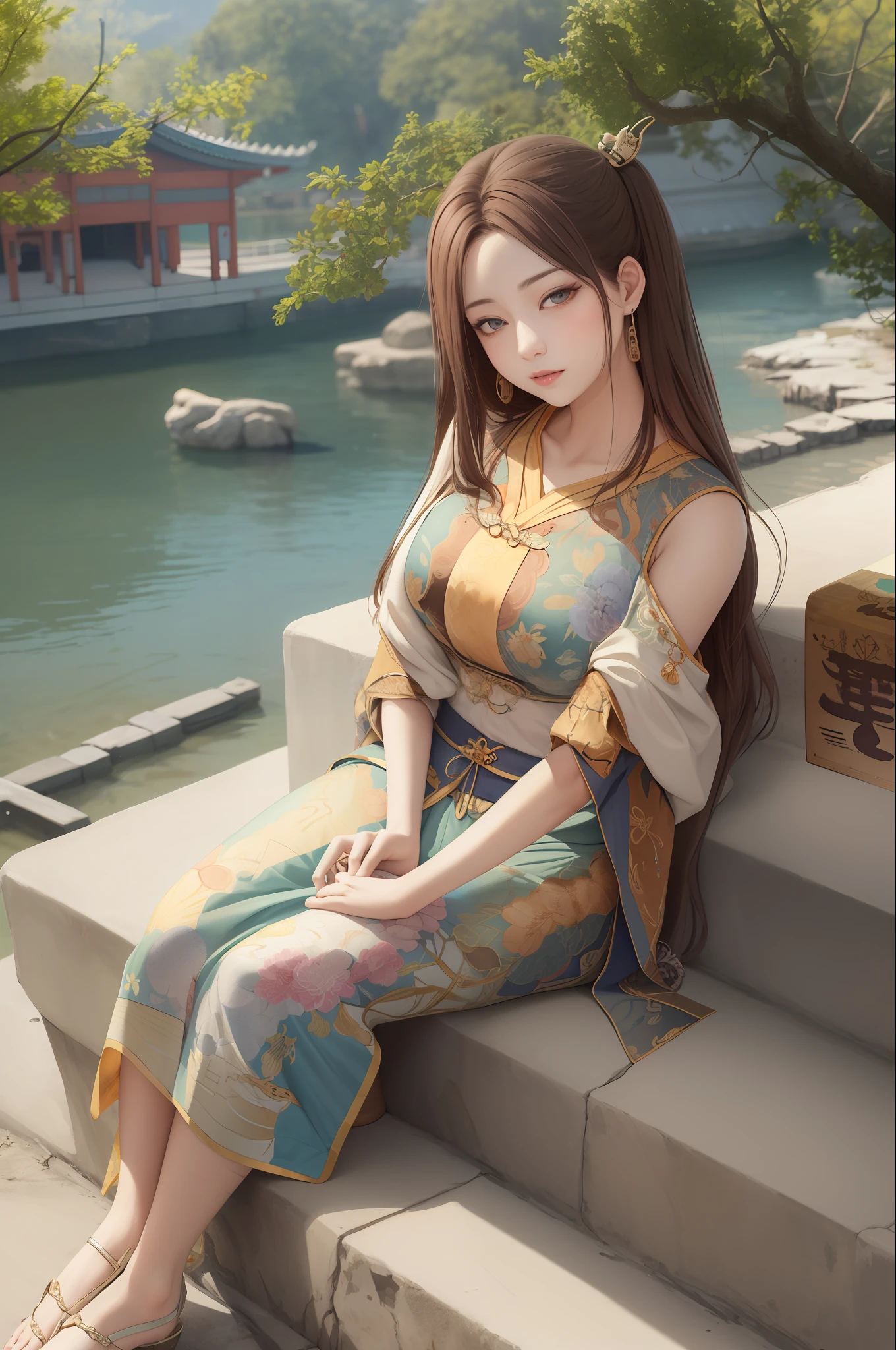 upper body, oil painting, masterpiece, best quality, highres, long brown hair, jewelry hairpin, large breast,riverside and rock or temple or bridge, extremely clothes, sitting, (song Dynasty, song clothing:1.2),