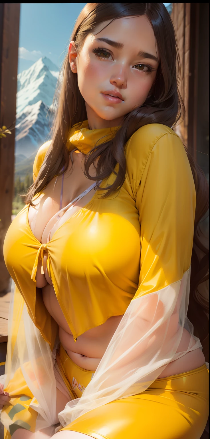 Very fat, super size, bikini, yellow, mountain, full body