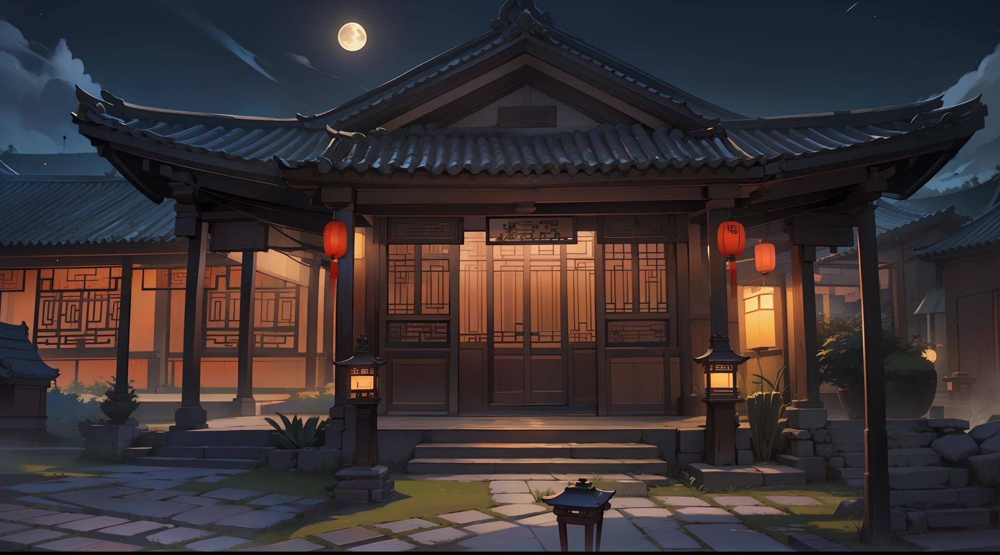 Manhwa Style,Two-dimensional painting style,Heads-up view,natta,Ancient yard,There are trees in the yard,A flash of black shadow,There are no lights,Dark, Ancient Chinese background,the night,Ancient Chinese houses,themoon, the trees,,Bluestone path,Lanterns,light particules,glowworm,the night:1.5,themoon,As estrelas,tmasterpiece, super detailing, Epic composition, hyper HD, high qulity, extremely detaile, offcial art, 统一 8k 壁纸, super detailing