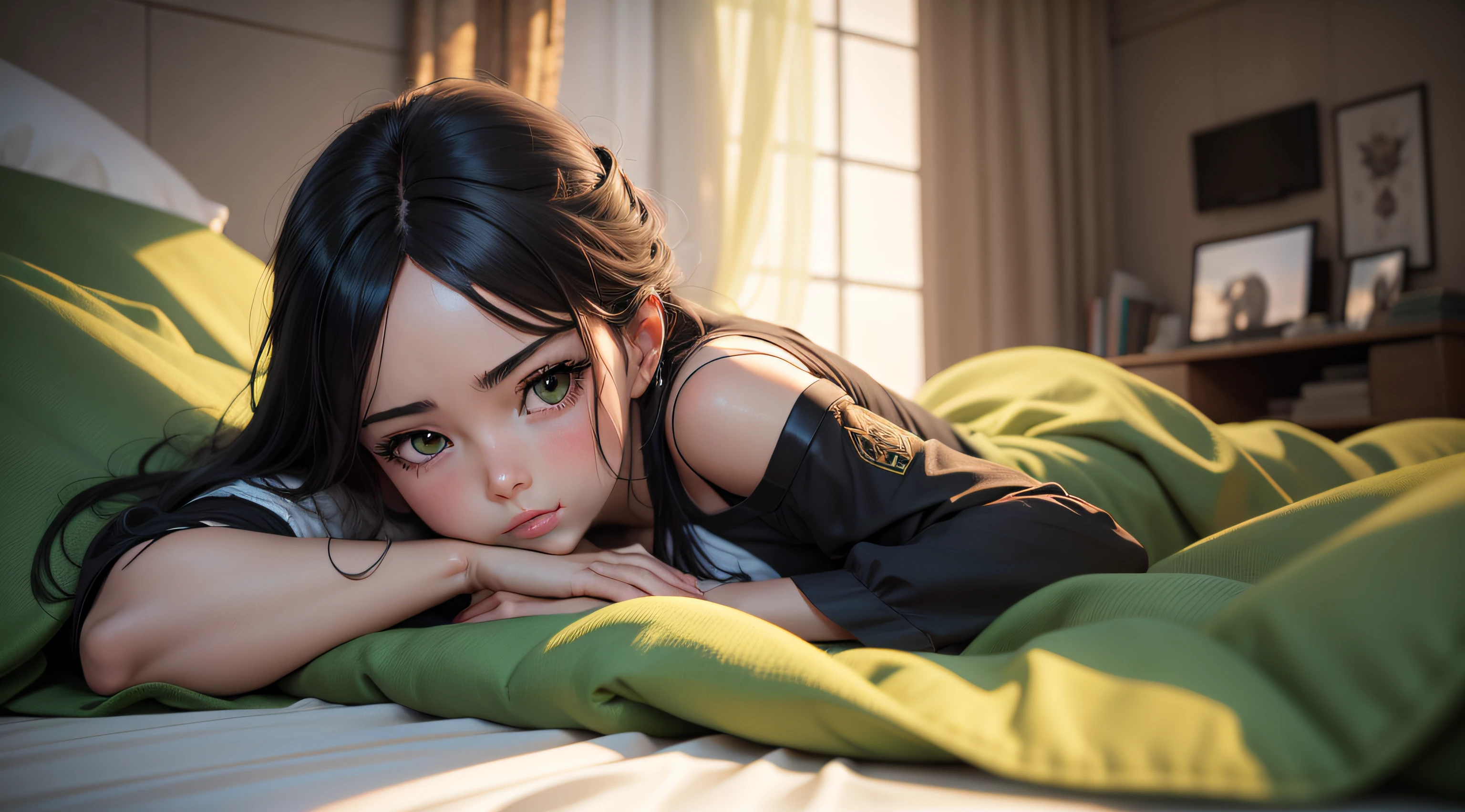 There is a woman lying on a bed with a green blanket, Arte no estilo de Guweiz, photorealistic anime girl rendering, loish e wlop, 3 d anime realista, painting digital adorable, arte cg anime suave, Estilo anime 3D realista, Artgerm ; motor 3d unreal, arte digital detalhada bonito, arte de anime digital detalhada