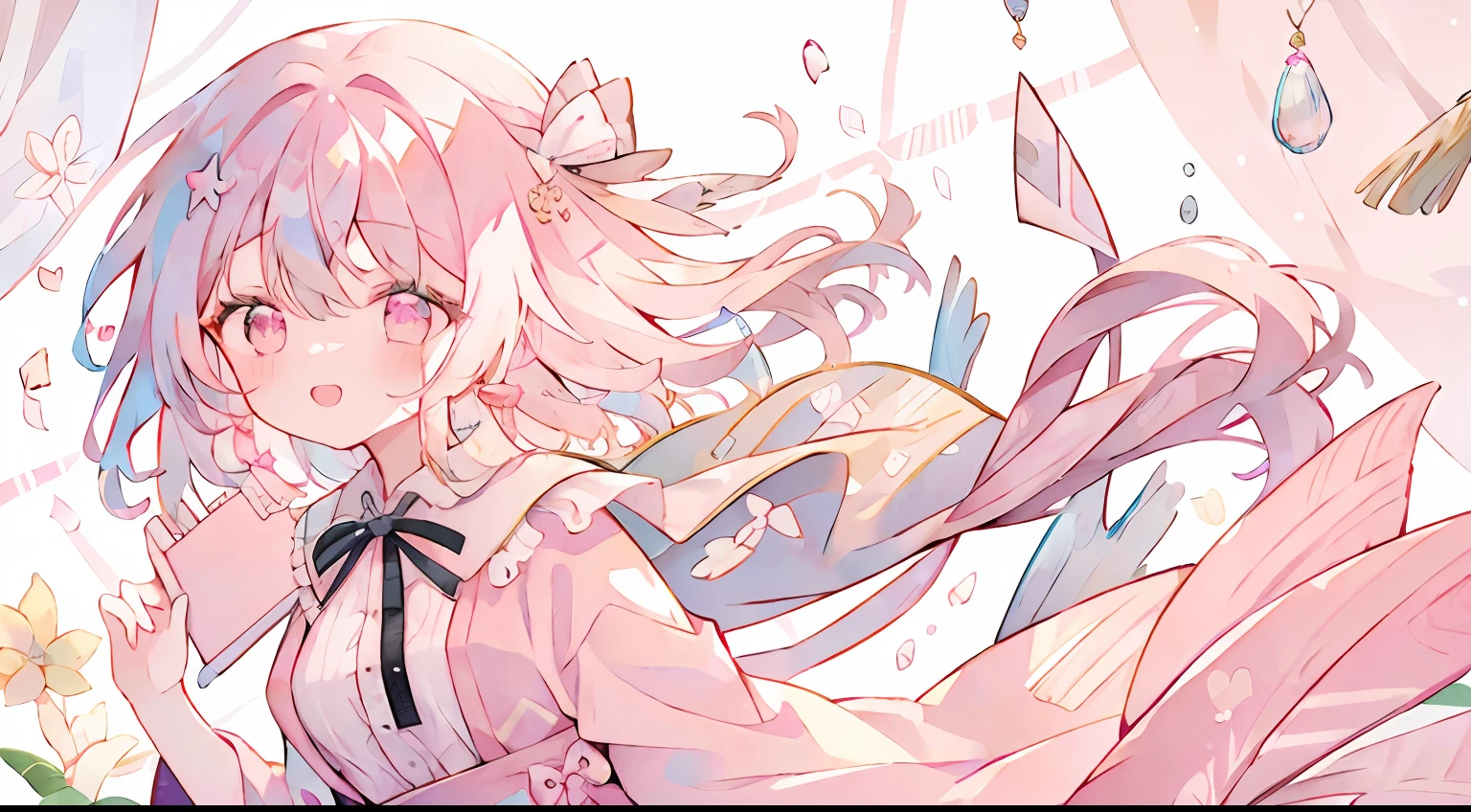 One girl、A pink-haired、huge smile、a smile、laugh、with light glowing、long、masterpiece、top-quality、Top image quality、cute little、Pink dress、bow ribbon、Ribbon Dresses、Ribbon on the head、cute background、Ribbon background、Pink eyes