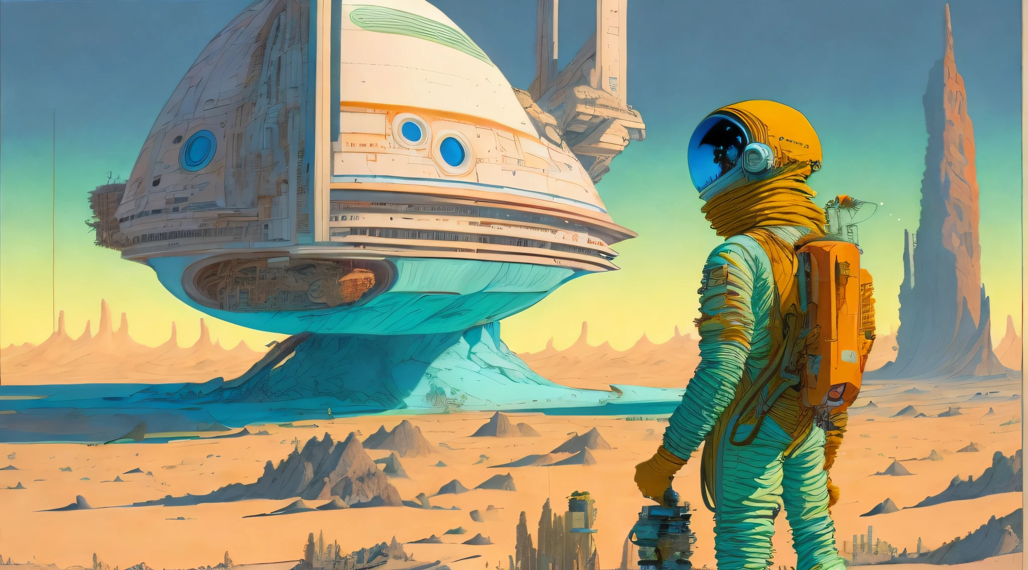 a painting of a Astronauts in Space Suit, repairing a large spaceship, another large spaceship in the background, alien planet, ringed planet by Moebius Jean Giraud