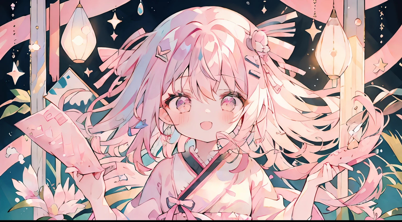 One girl、A pink-haired、huge smile、a smile、laugh、with light glowing、long、masterpiece、top-quality、Top image quality、cute little、Pink dress、bow ribbon、Ribbon Dresses、Ribbon on the head、cute background、Ribbon background、Pink eyes