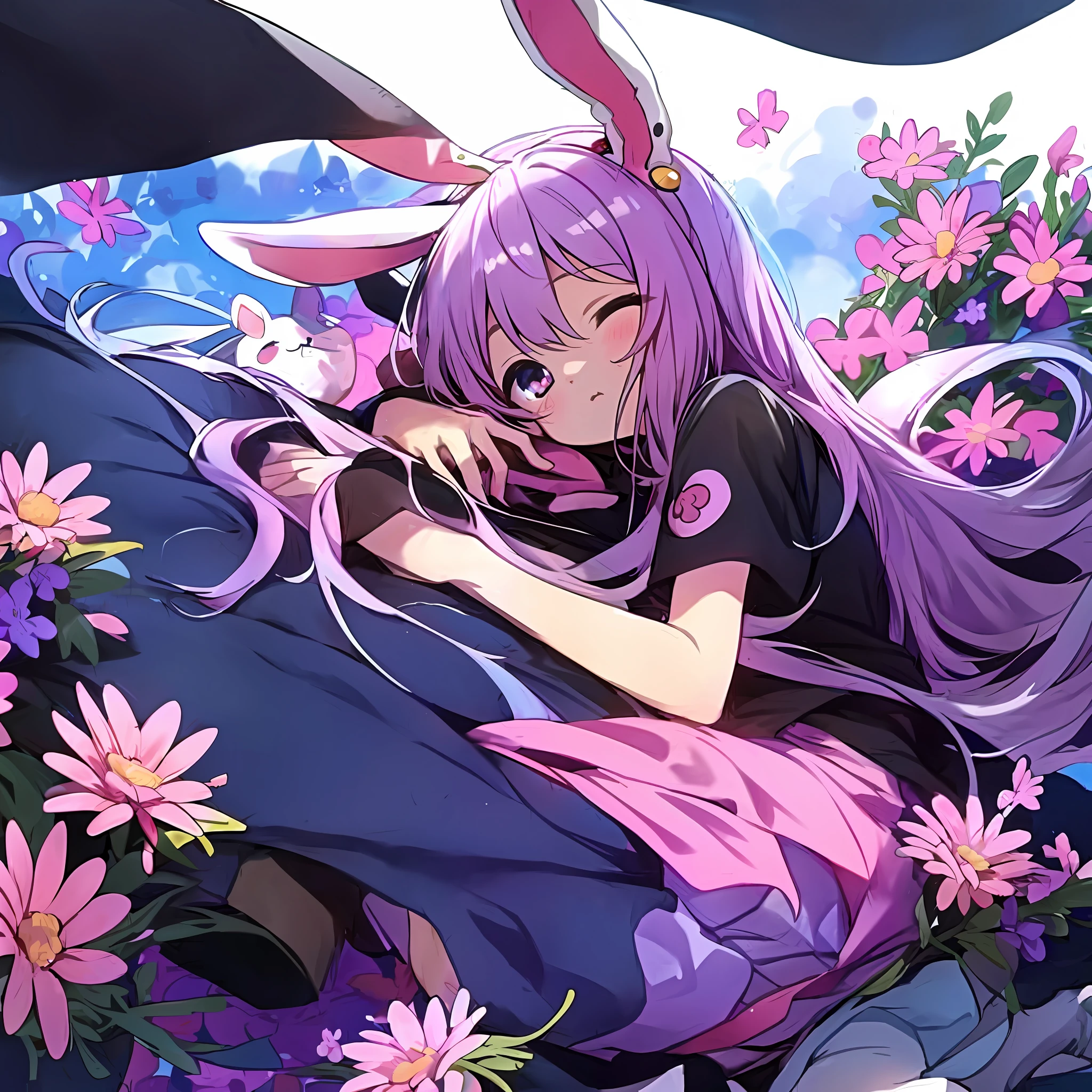 Anime girl with bunny ears and hat lying on a bed of flowers, splash art anime loli, Bunny Girl, nightcore, Cute Anime, beautiful fantasy anime, reisen udongein inaba, Very Beautiful Anime Cat Girl, anime wallpaper, anime wallaper, with long floppy rabbit ears, Cute anime girl, With bunny ears(top-quality、8K、32K、​masterpiece、nffsw:1.2)、