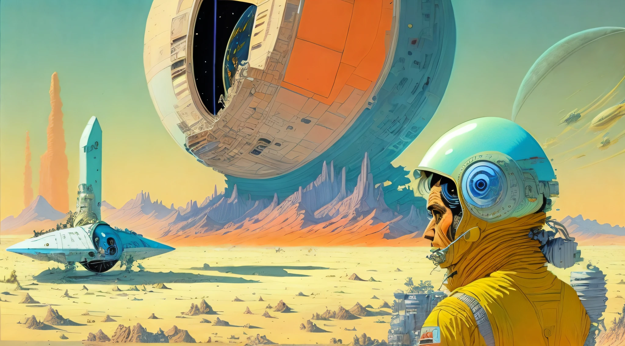 a painting of a Astronauts in Space Suit, repairing a large spaceship, another large spaceship in the background, alien planet, ringed planet by Moebius Jean Giraud