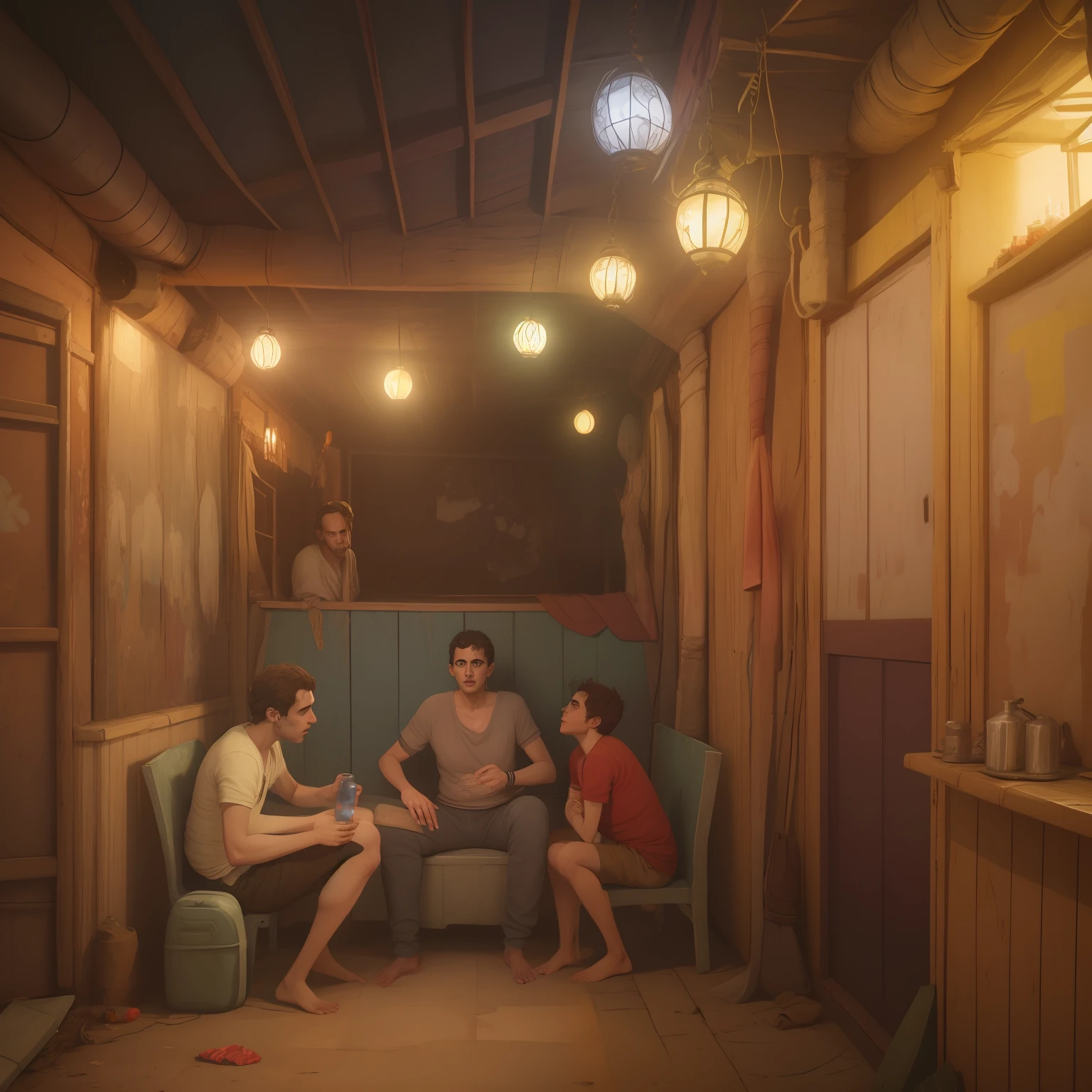Uma foto de noite de 4 amigos homens dormindo dentro de uma cabana abandonada.