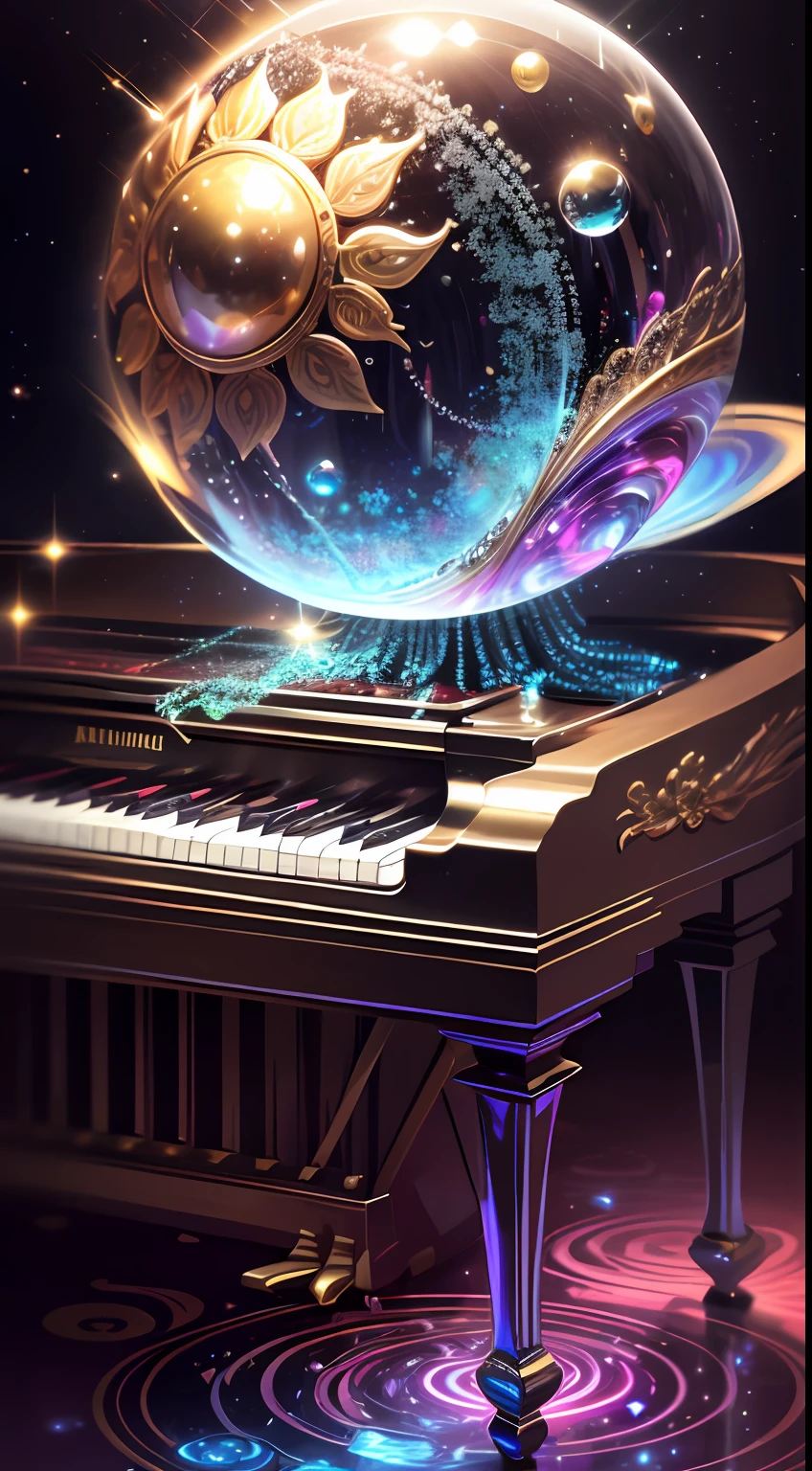 Psychedelic piano gleaming chrome. Smooth, reflective surface shining. Magical energy beads swirling. Crystal keys glisten softly. Harmonious melodies dance gracefully. Tenderly admired, treasured possession. Enigmatic gems adorn it. A mesmerizing orb hovers. Radiant essence of radiance. Cascading luminance enchantingly bewitching. Embraced by misty night.