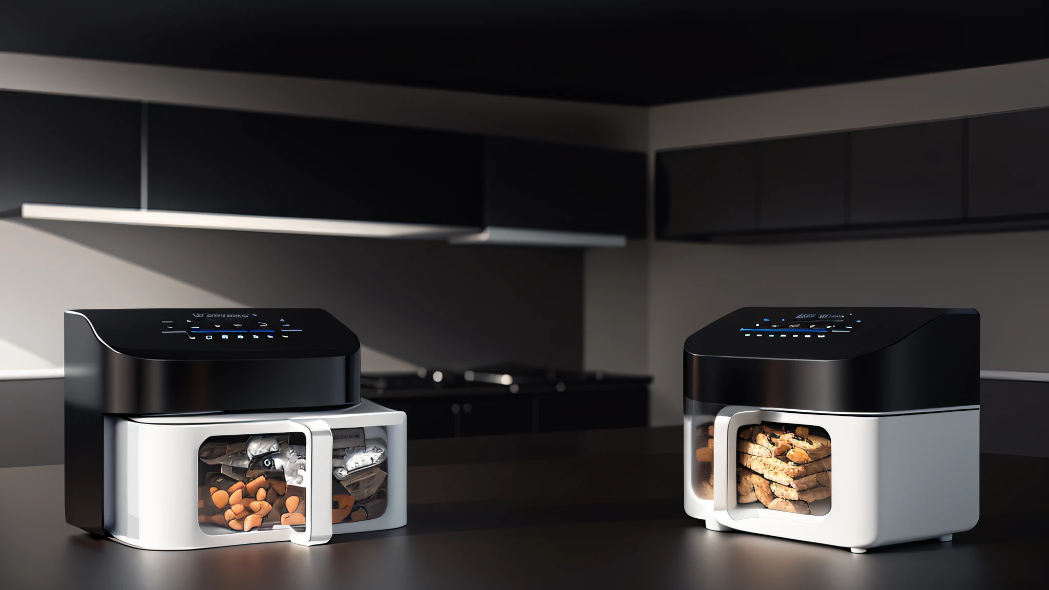 Products placed on the table,Black and white industrial style kitchen,Kitchen background , Chiaroscuro, hyper HD, 8K, Best picture quality ,realisticlying,Foto realism,Black and white background,Cabinets behind the background,Lens perspective blur,Bright lights