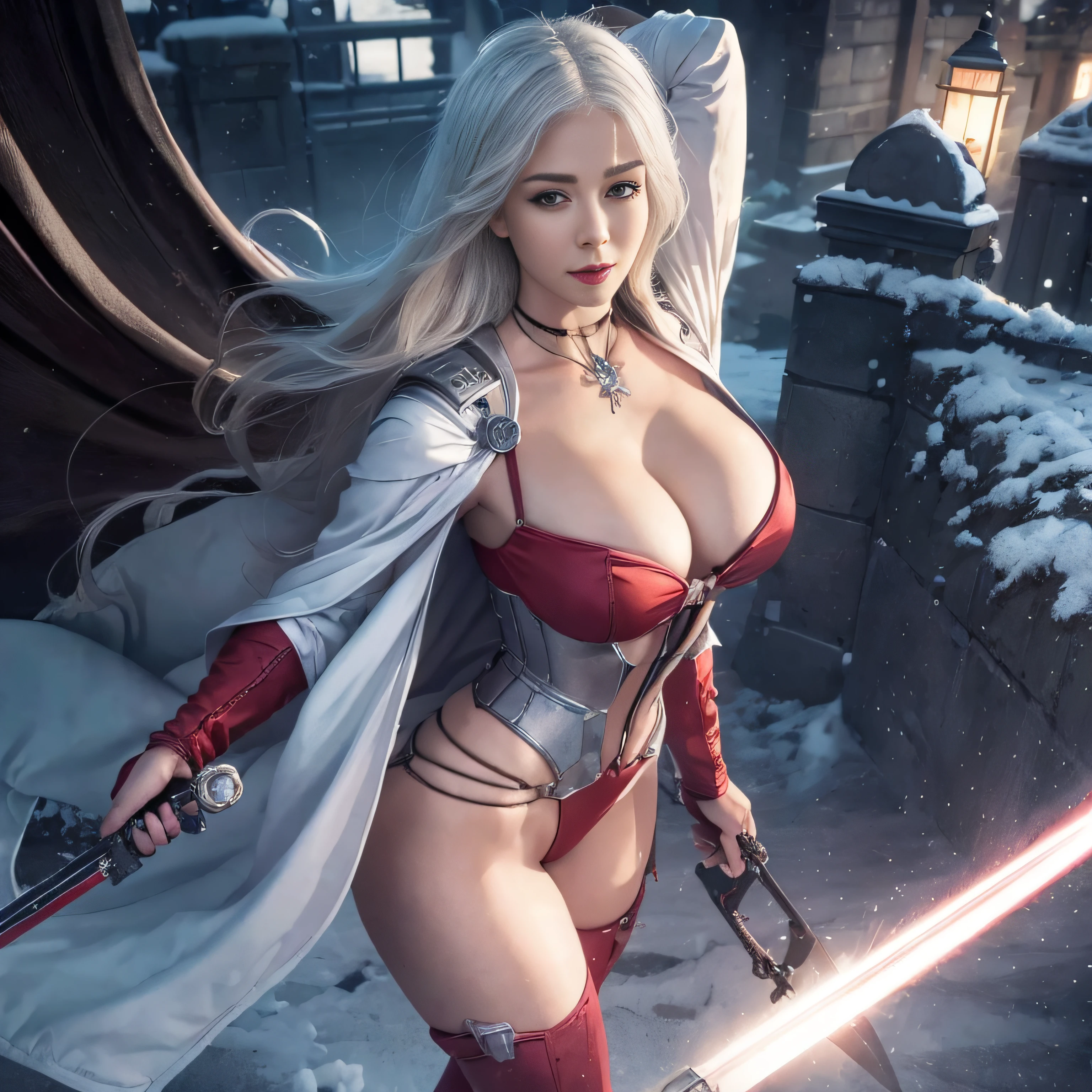 Cirilla Fiona Elen Riannon,The best illustration,Favor the details,closeup cleavage,dawn,Snow,winter,Wizard Sword,He has a delicate and beautiful face,((Red and white semi-mechanical body:1.8)),Raised sexy,cleavage,(Bigchest:1.1),frontage,cyber punk perssonage,Futuristic,mechanically aesthetic,Complex machinery,Virtual Engine 5,Perfect detail rendering,rendering by octane,hyper HD