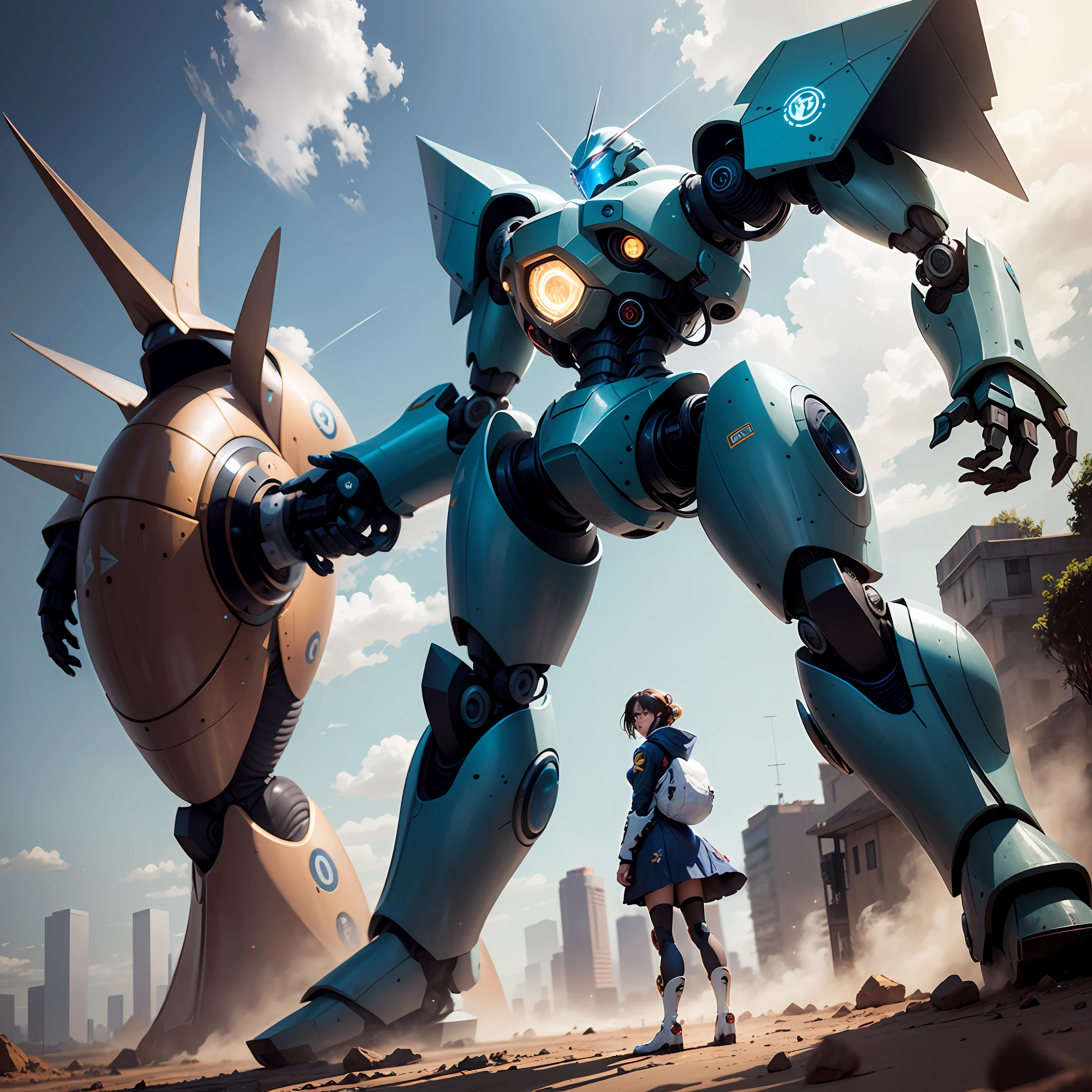 Robo mecha gigante terra azul de fundo estrelas  piloto feminino sensal