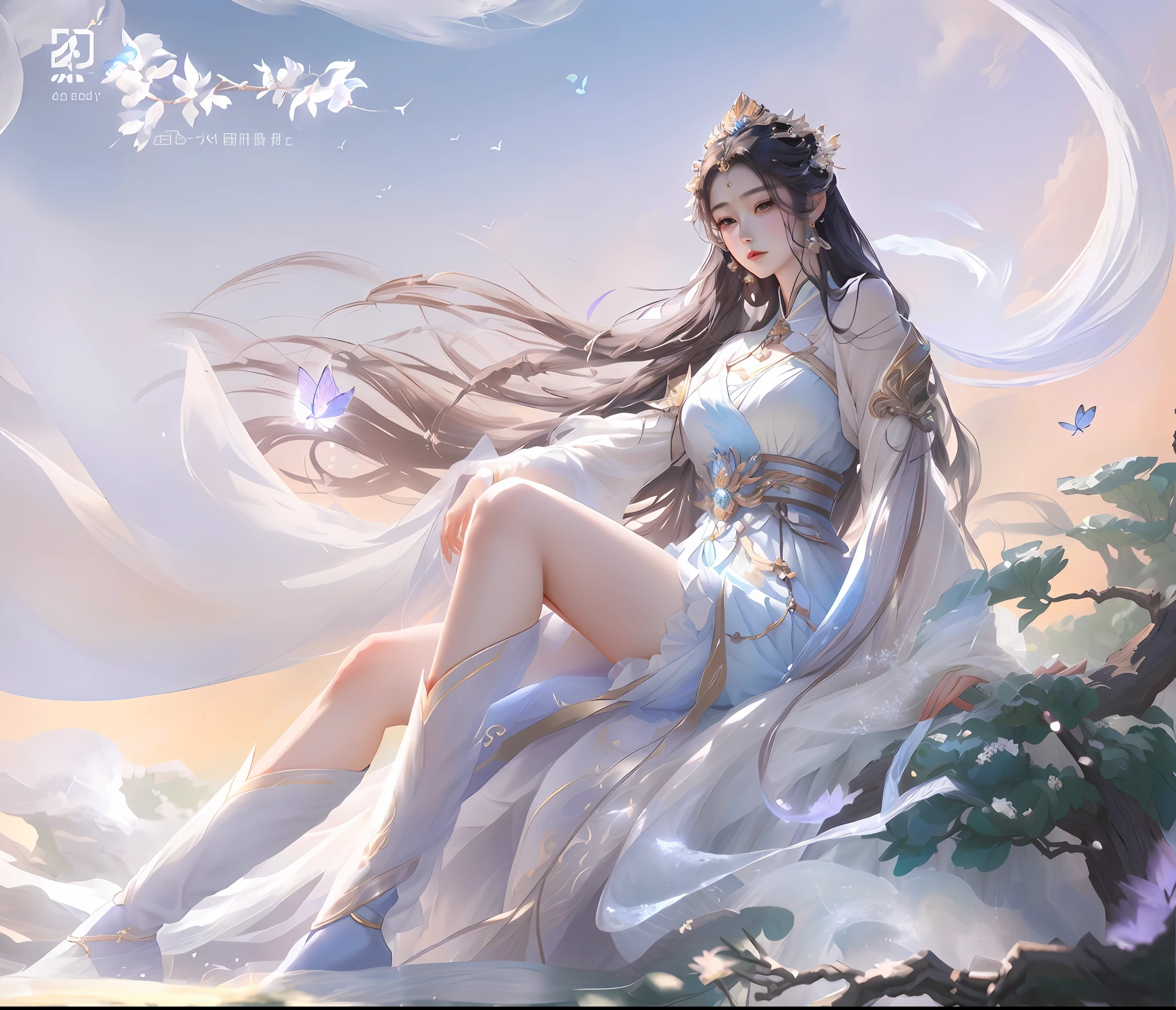 Anime girl sitting on stone,Holding a butterfly in his hand, a beautiful fantasy empress, ((a beautiful fantasy empress)), Beautiful young wind spirit, full-body xianxia, trending on cgstation, Beautiful celestial mage, queen of the sea mu yanling, xianxia fantasy, Beautiful character painting, Beautiful goddess, Fantasy art style, by Yang J